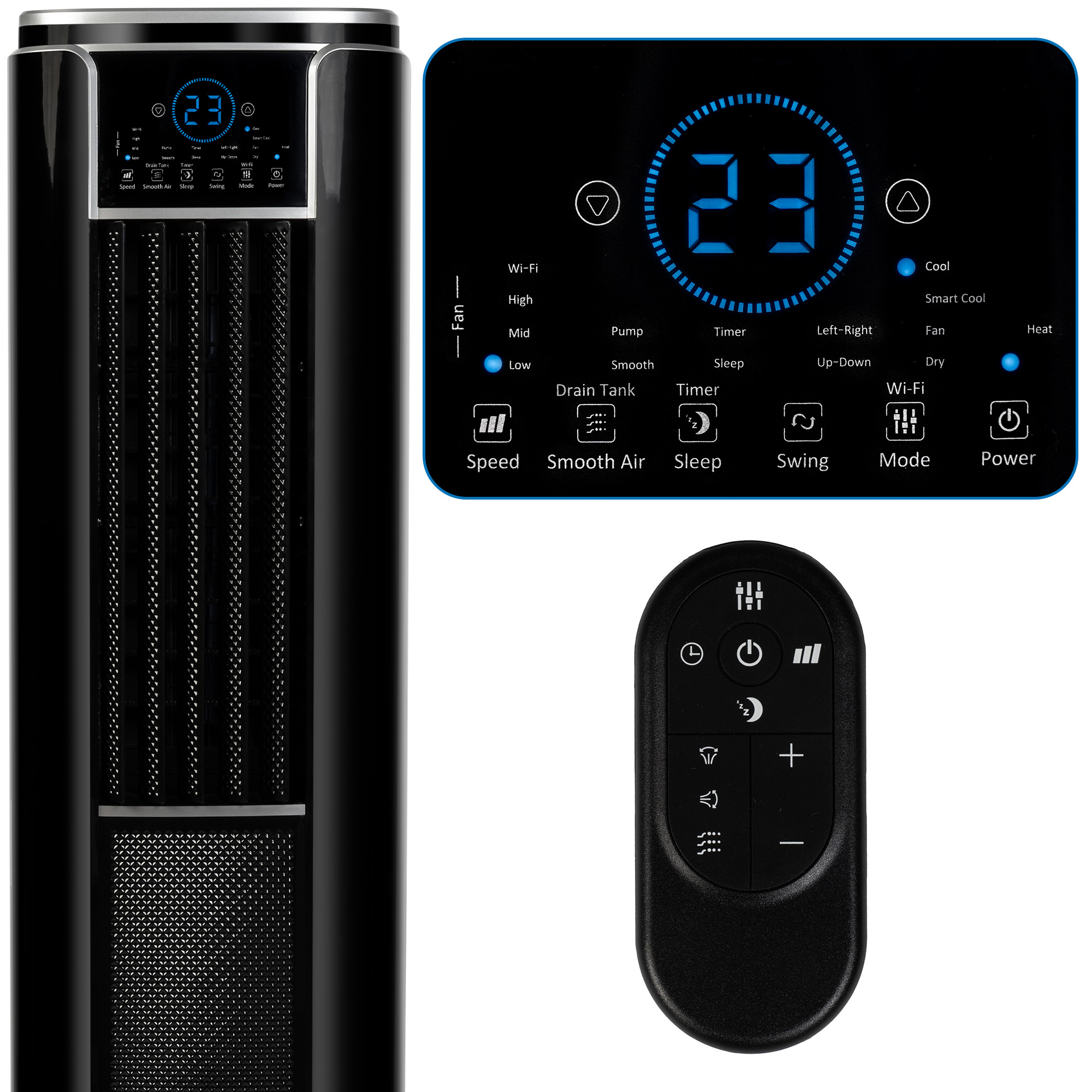 Czarny wentylator wieżowy z wyświetlaczem LED pokazującym 23. Pilot również pokazany.