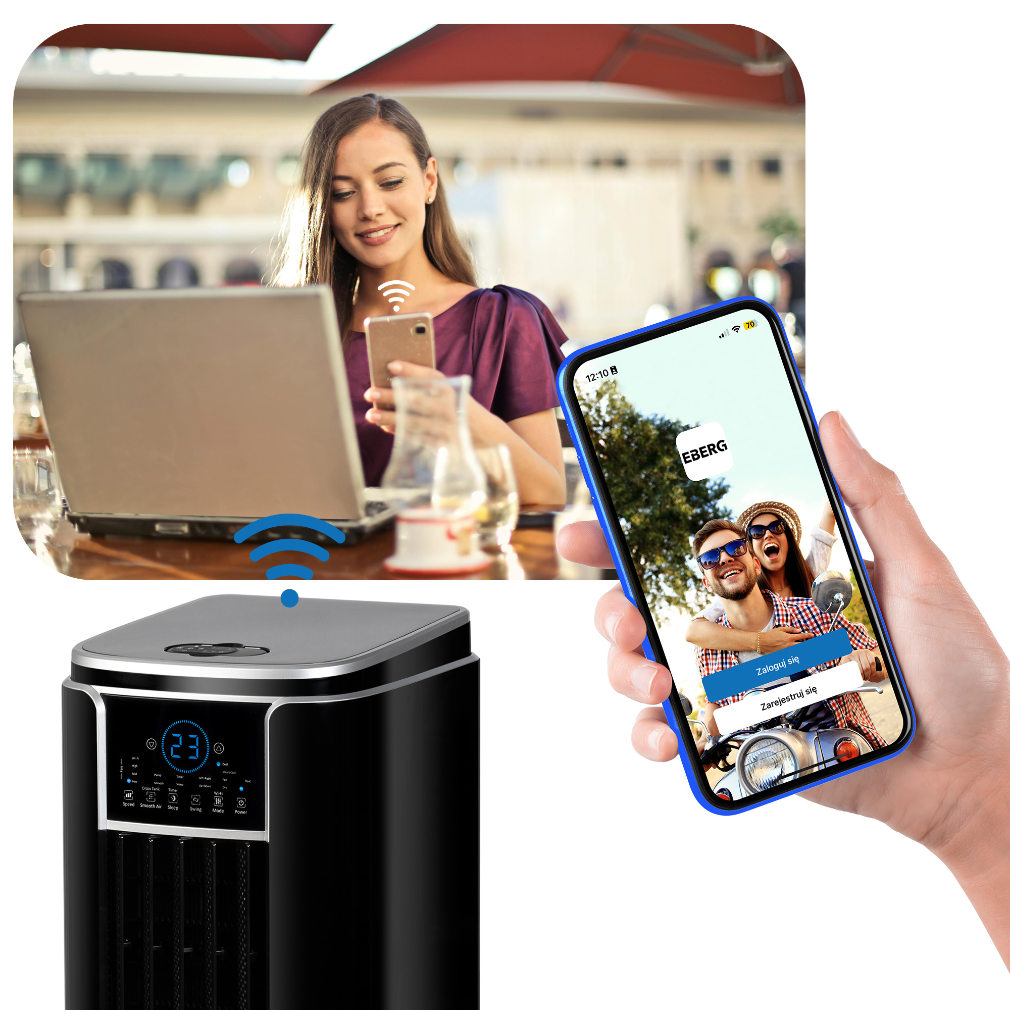 Kobieta używa smartfona i laptopa obok klimatyzatora.