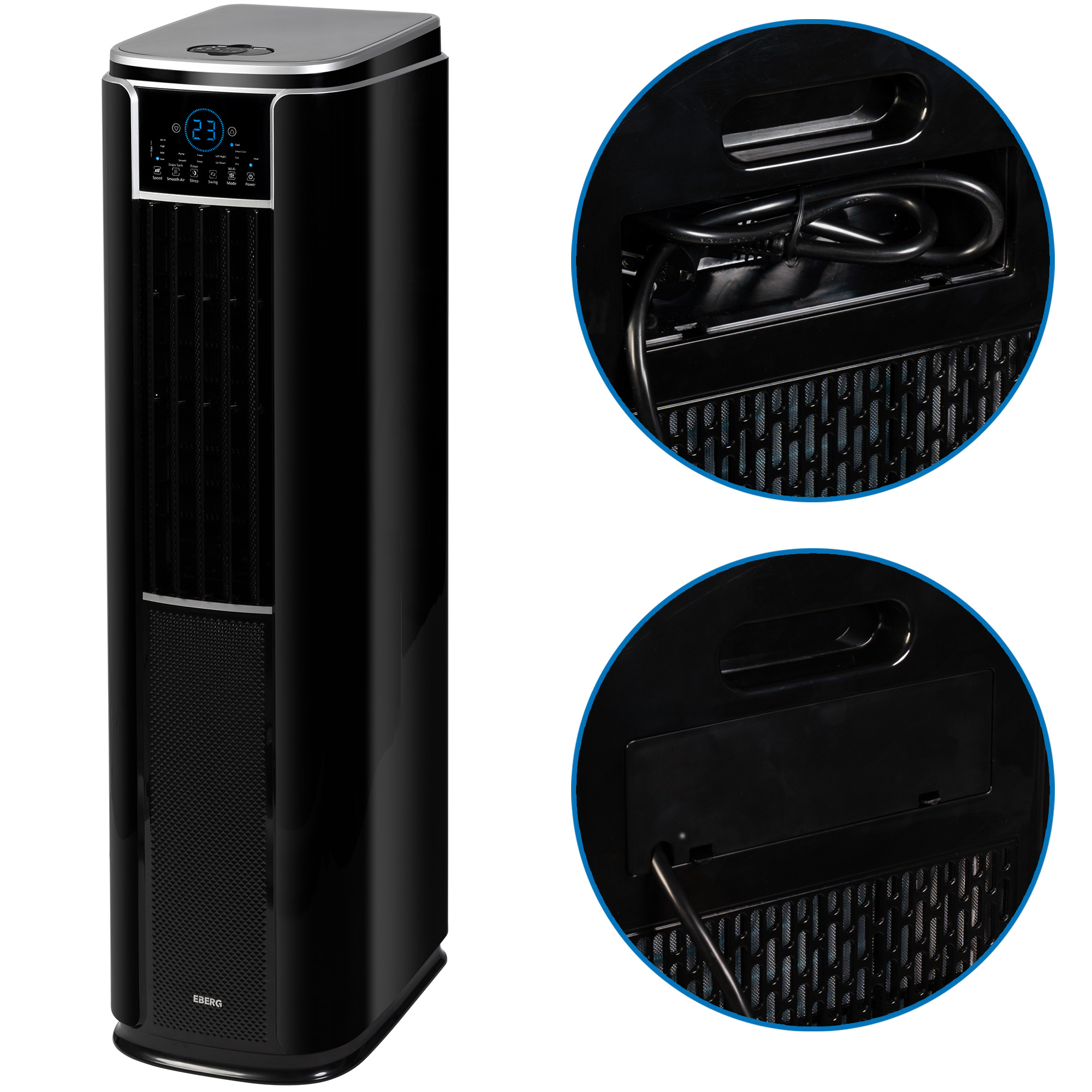 Czarny wentylator wieżowy z cyfrowym wyświetlaczem i dwa zbliżenia schowka na kabel.