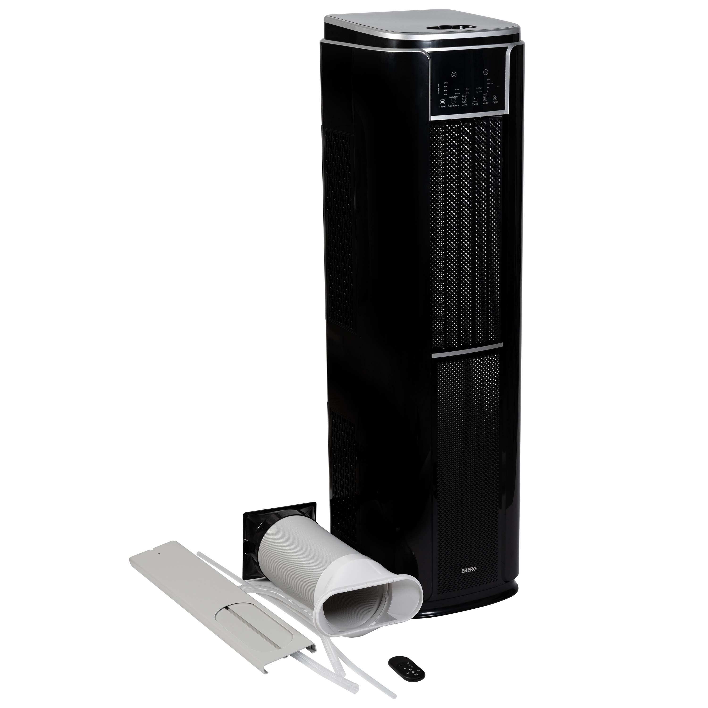 Czarny wentylator wieżowy z panelem sterowania, wężem wydechowym, uszczelką okna i pilotem.