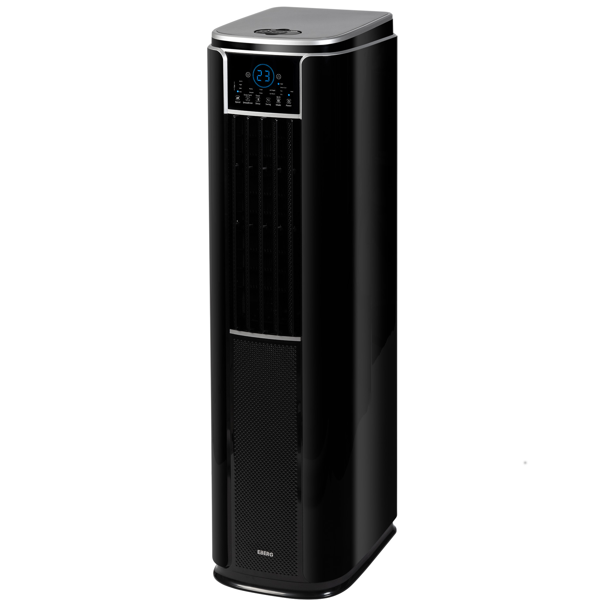 Elegancki, czarny wentylator wieżowy z cyfrowym wyświetlaczem i szczelinami wentylacyjnymi.