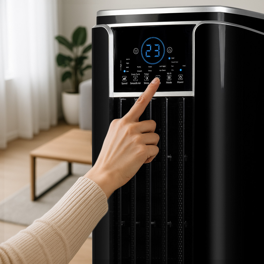 Dłoń naciska przyciski na czarnym cyfrowym panelu sterowania oczyszczacza powietrza.