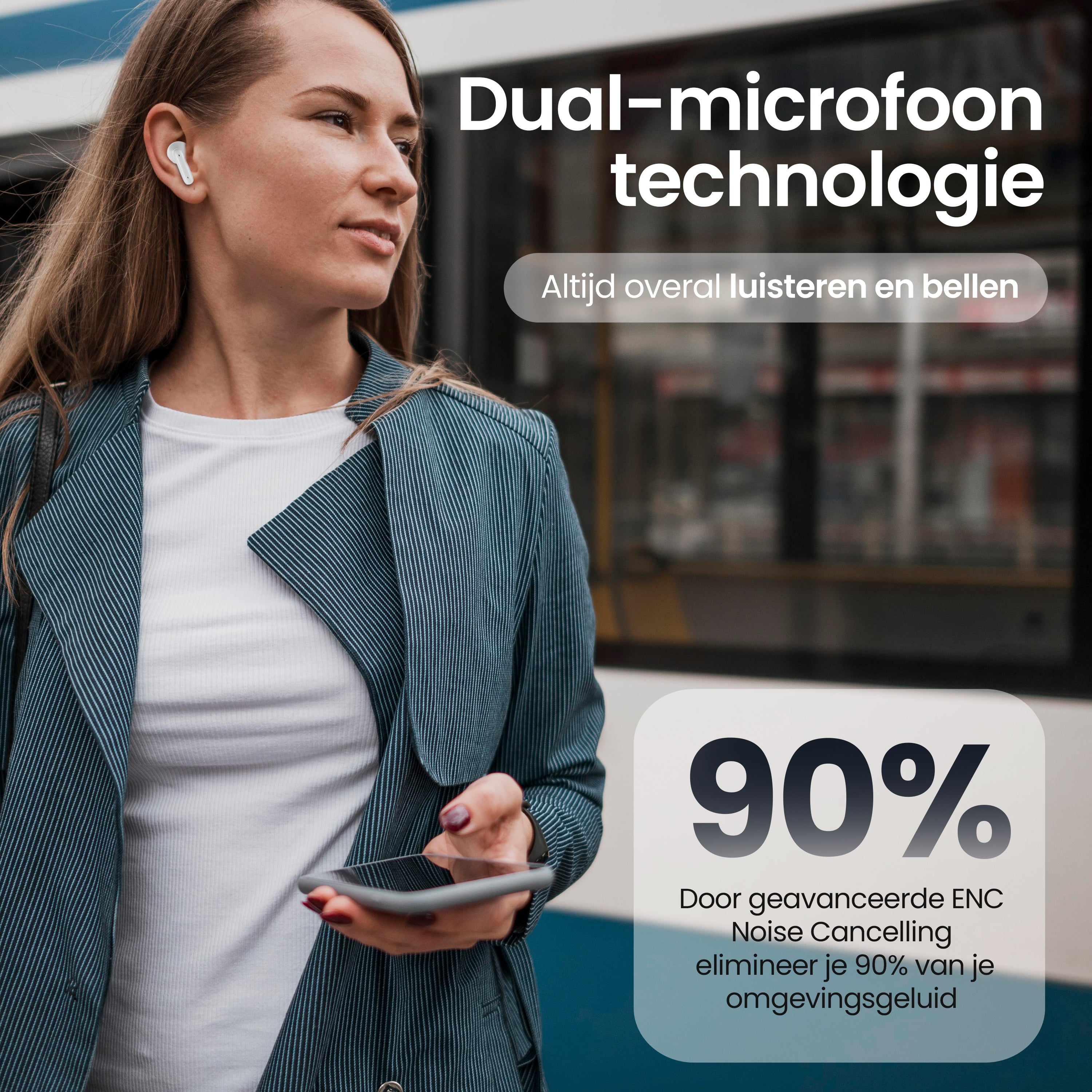 Woman with white earbud, text about dual microphone technology and 90% noise cancellation.