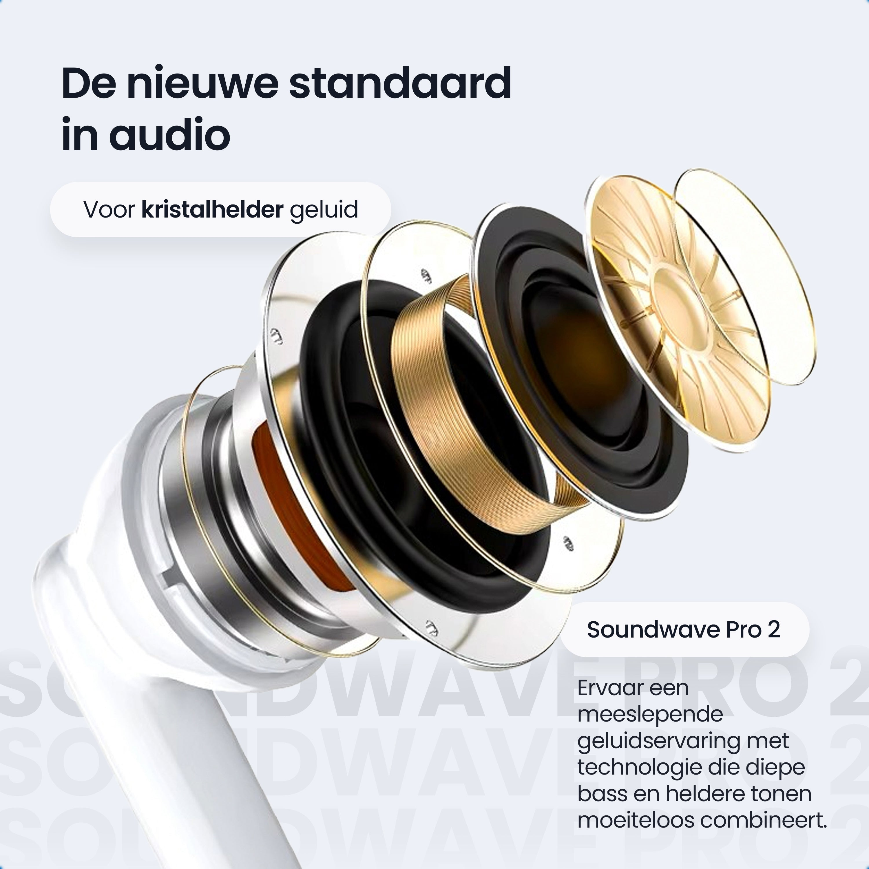 Exploded view of a headphone showing concentric rings and a speaker driver.
