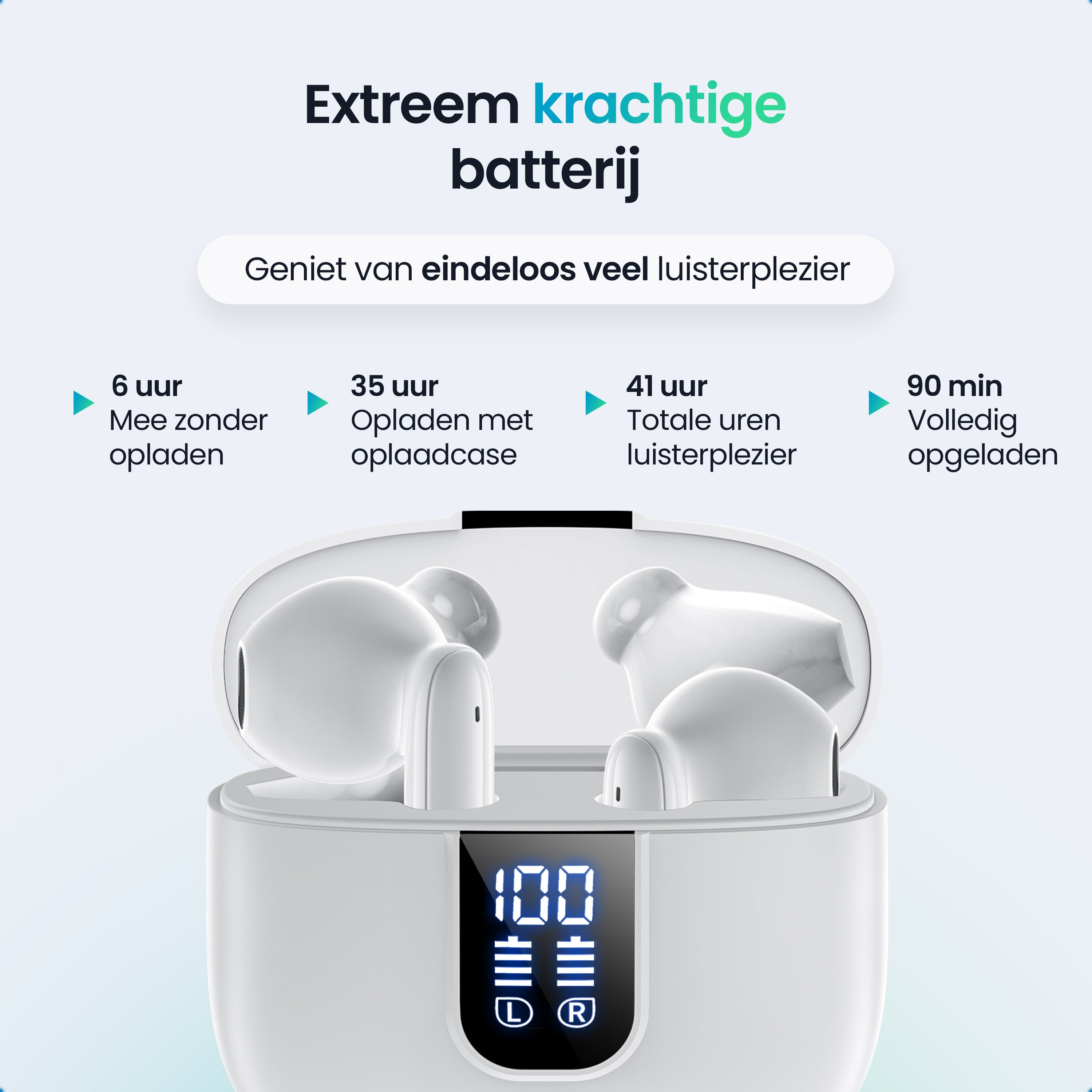 White wireless earbuds in an open charging case with a digital display.
