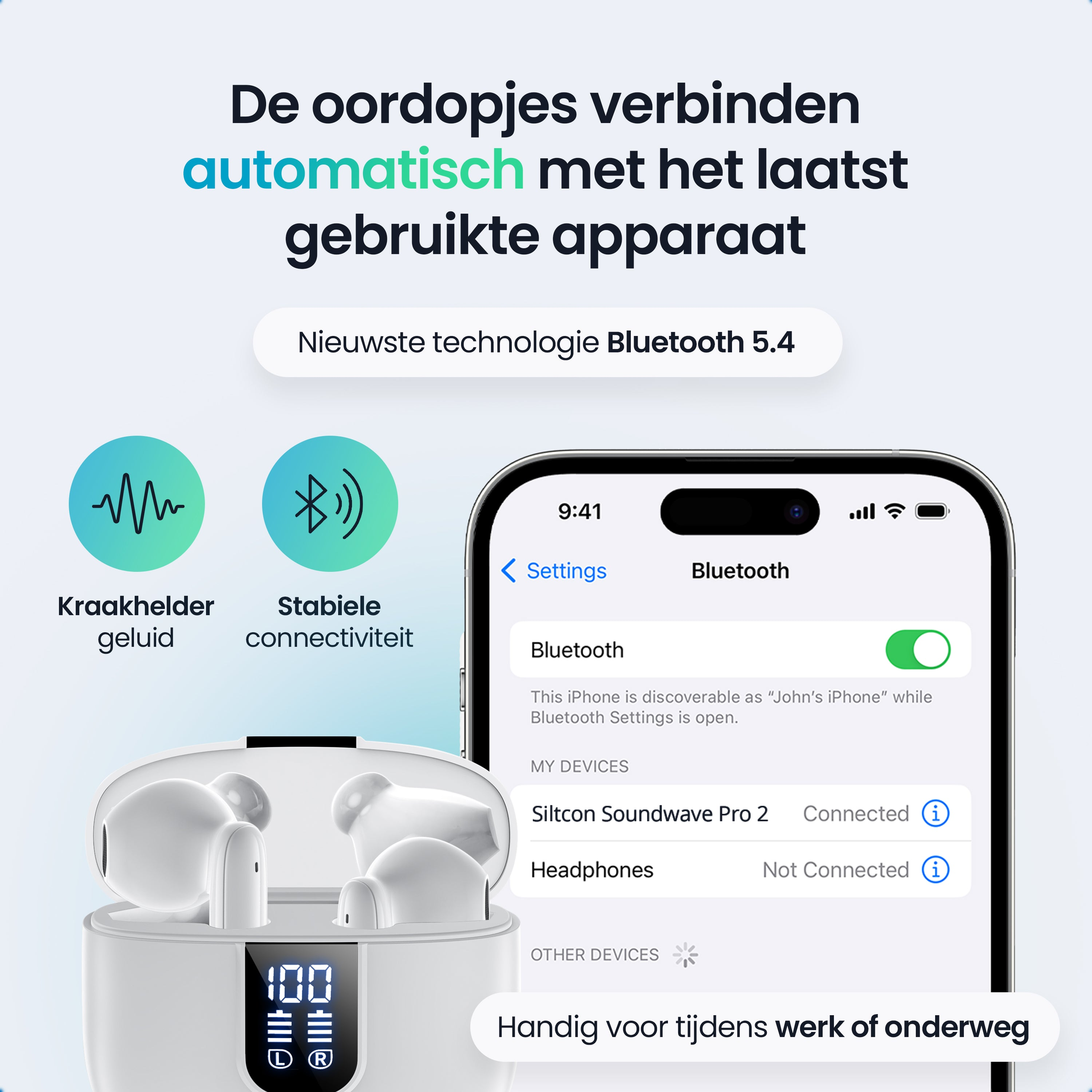 White earbuds with charging case and iPhone showing Bluetooth settings. Clear audio.