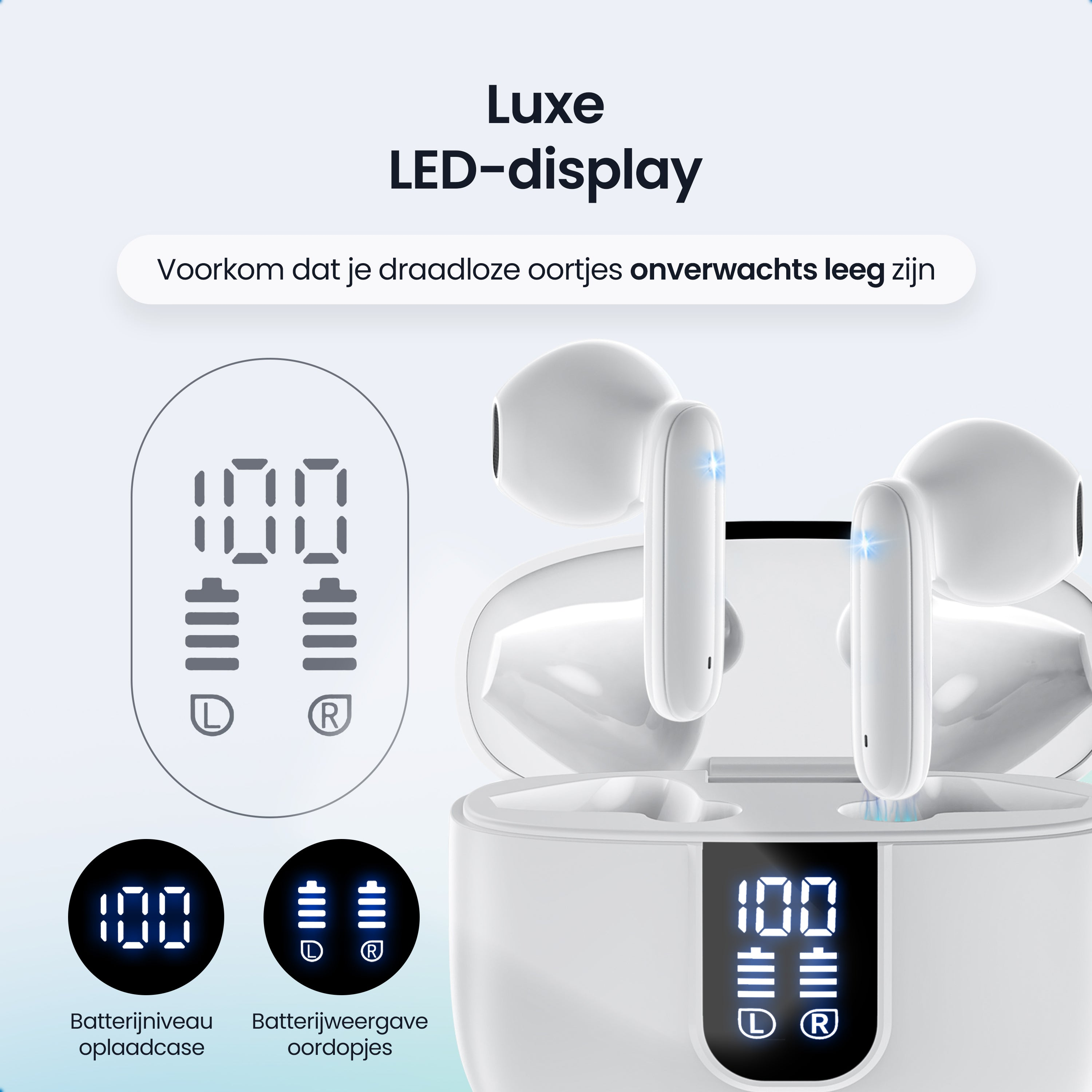White wireless earbuds with charging case and LED battery display.