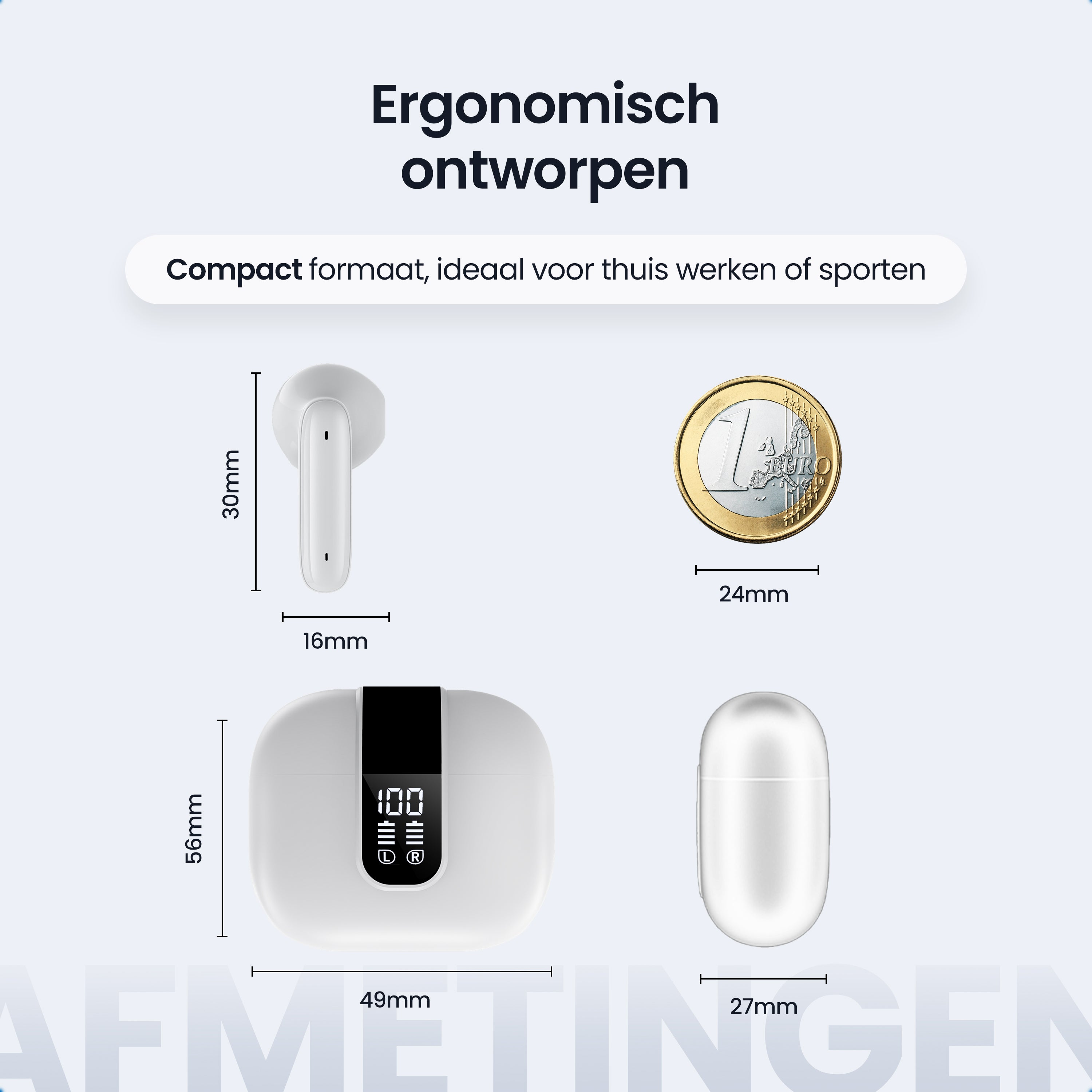 Dimensions of earbuds and charging case, compared to a 1 Euro coin.