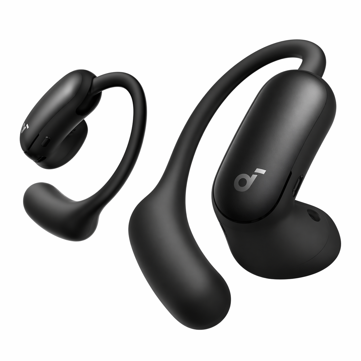 Cuffie wireless nere con design avvolgente e logo sull'auricolare destro.