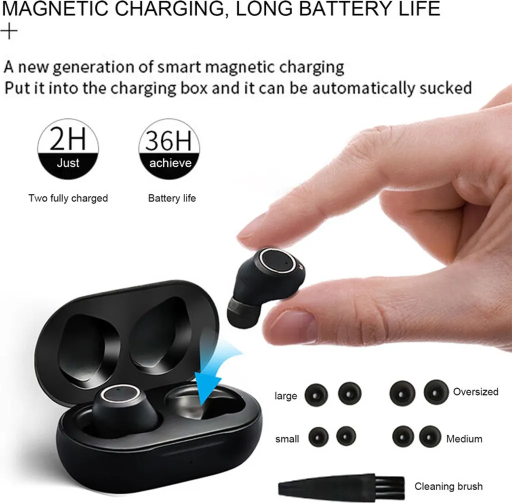 Schwarzes kabelloses Headset mit Ladebox, Ohrstöpseln und Bürste.