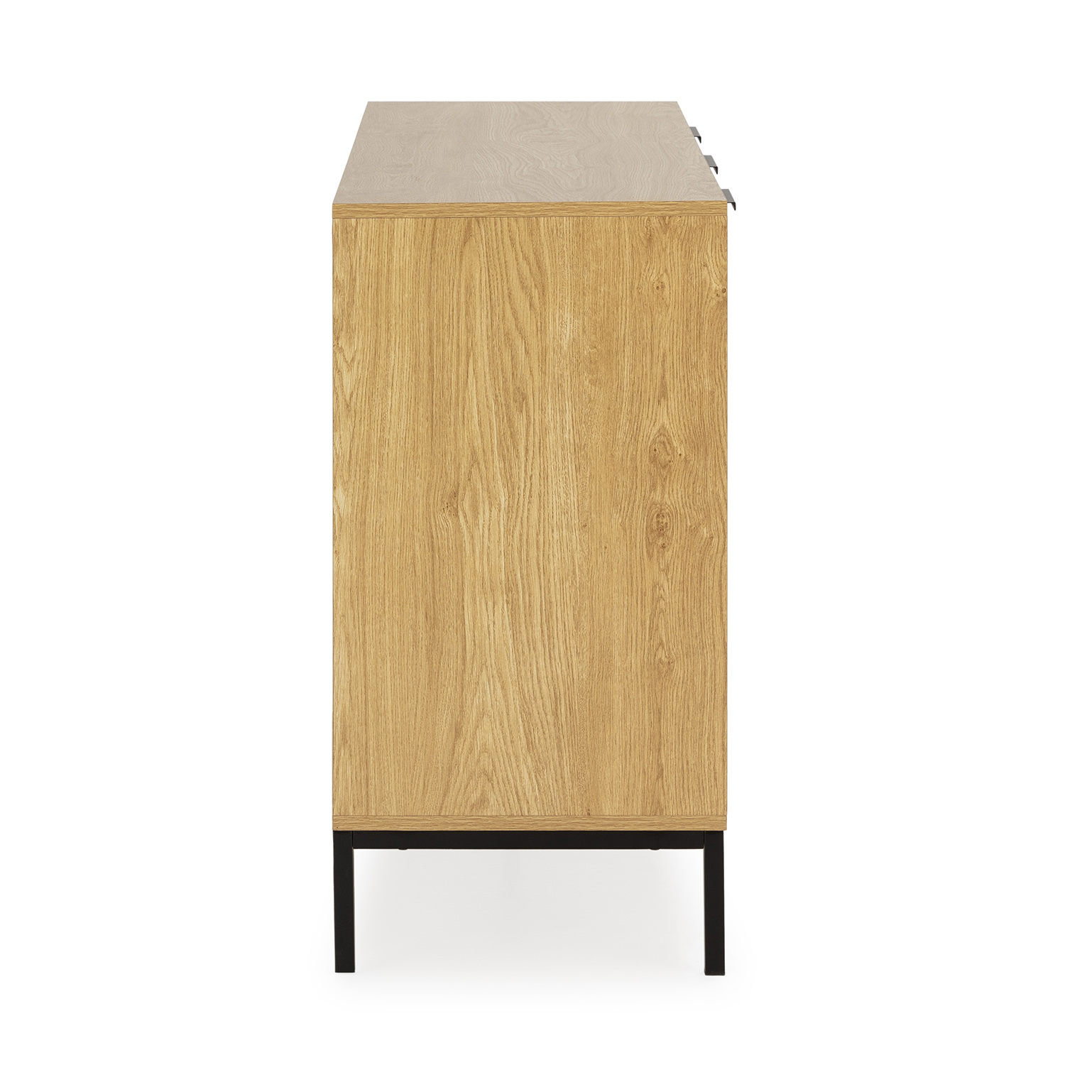 Un mueble de madera con patas negras, visto de lado.