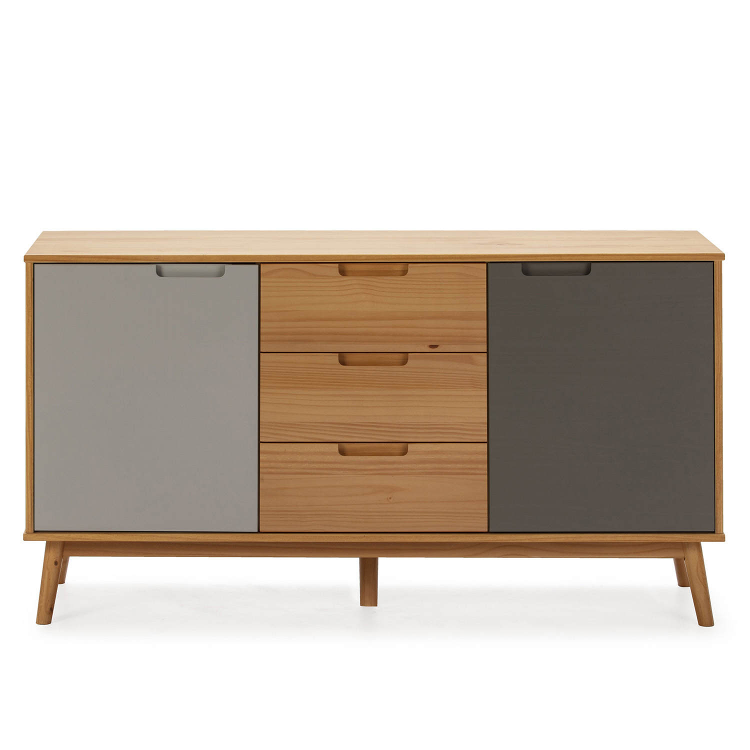 Un mueble de madera con tres cajones y dos puertas en gris y carbón.