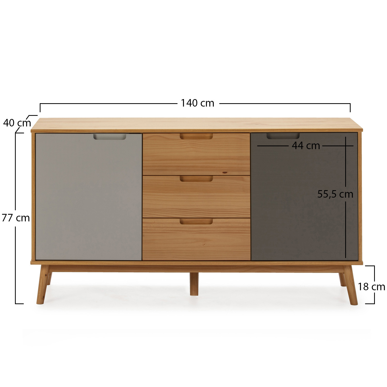 Un aparador de madera con tres cajones y dos puertas, dimensiones: 140x77x40 cm.