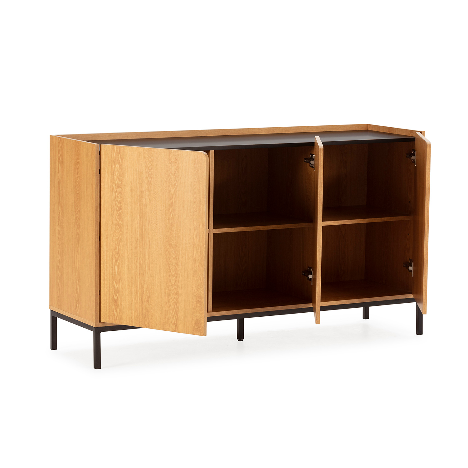 Un mueble de madera con puertas abiertas y estantes sobre patas de metal negro.