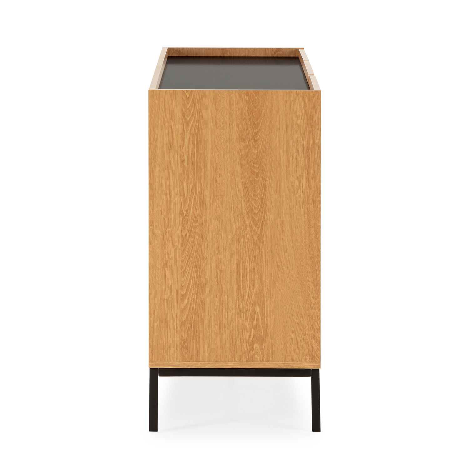 Un mueble de madera simple con base de metal negro sobre fondo blanco.