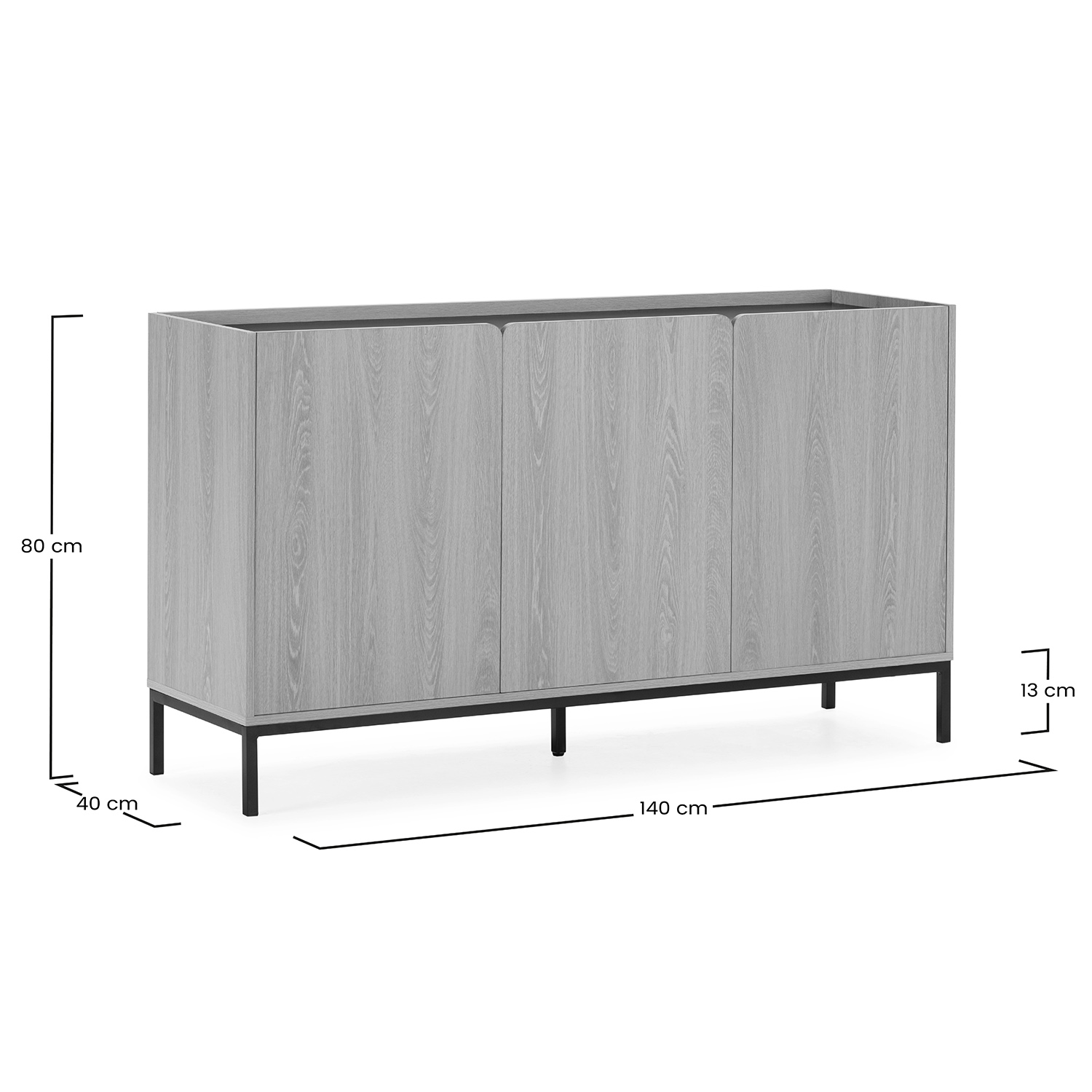 Gabinete gris con cuatro puertas y patas negras, dimensiones 140x80x40 cm.