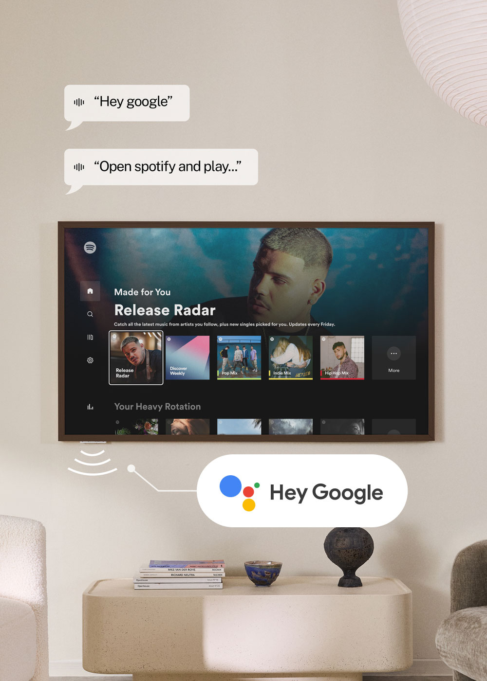 Un televisor muestra Spotify con comandos de voz de Google.