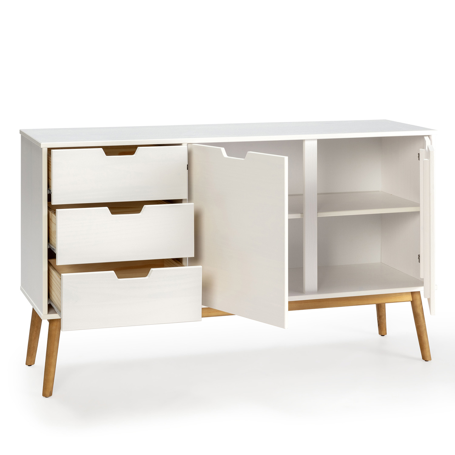 Gabinete blanco con tres cajones y una puerta abierta, sobre patas de madera.