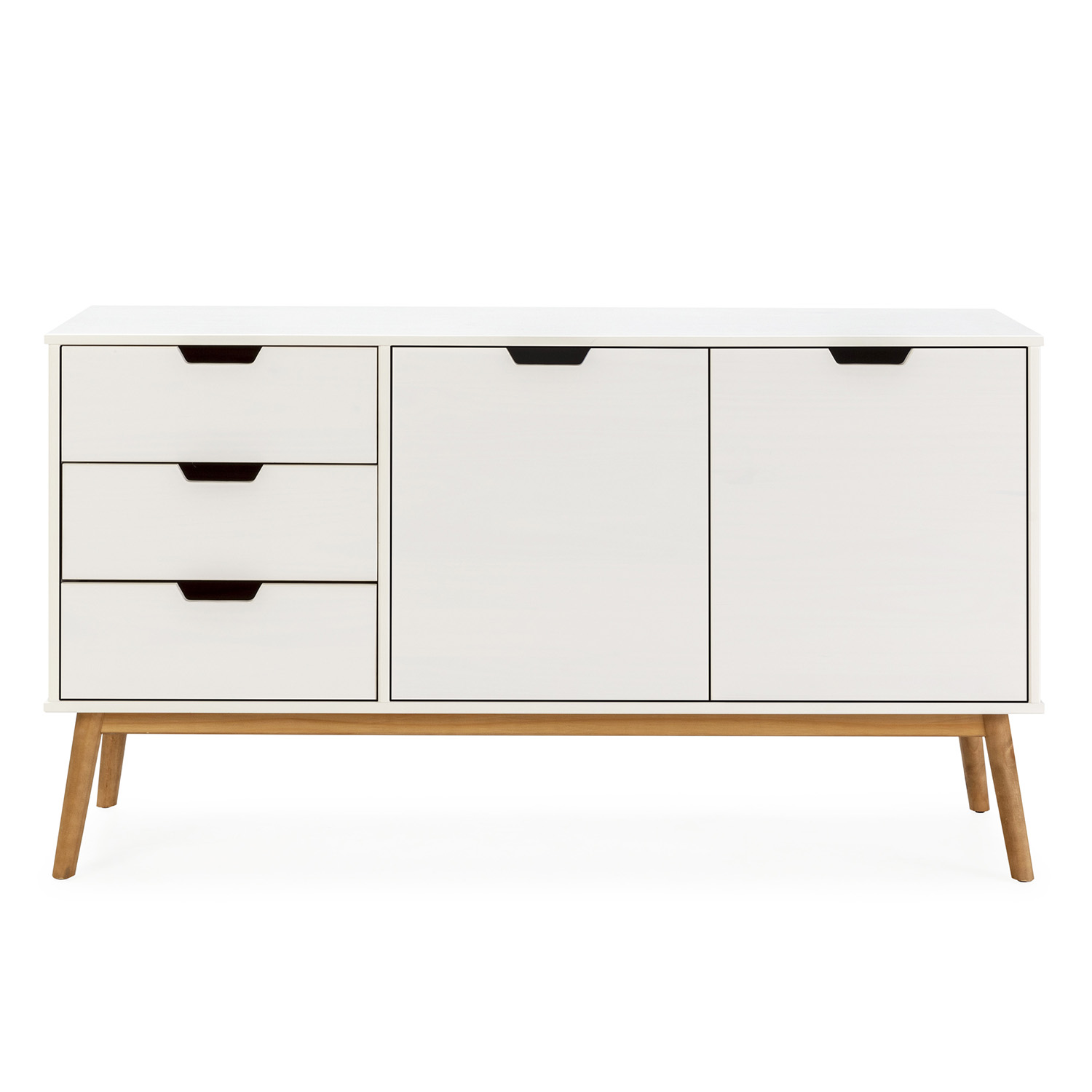 Un mueble blanco con tres cajones a la izquierda y dos puertas a la derecha.