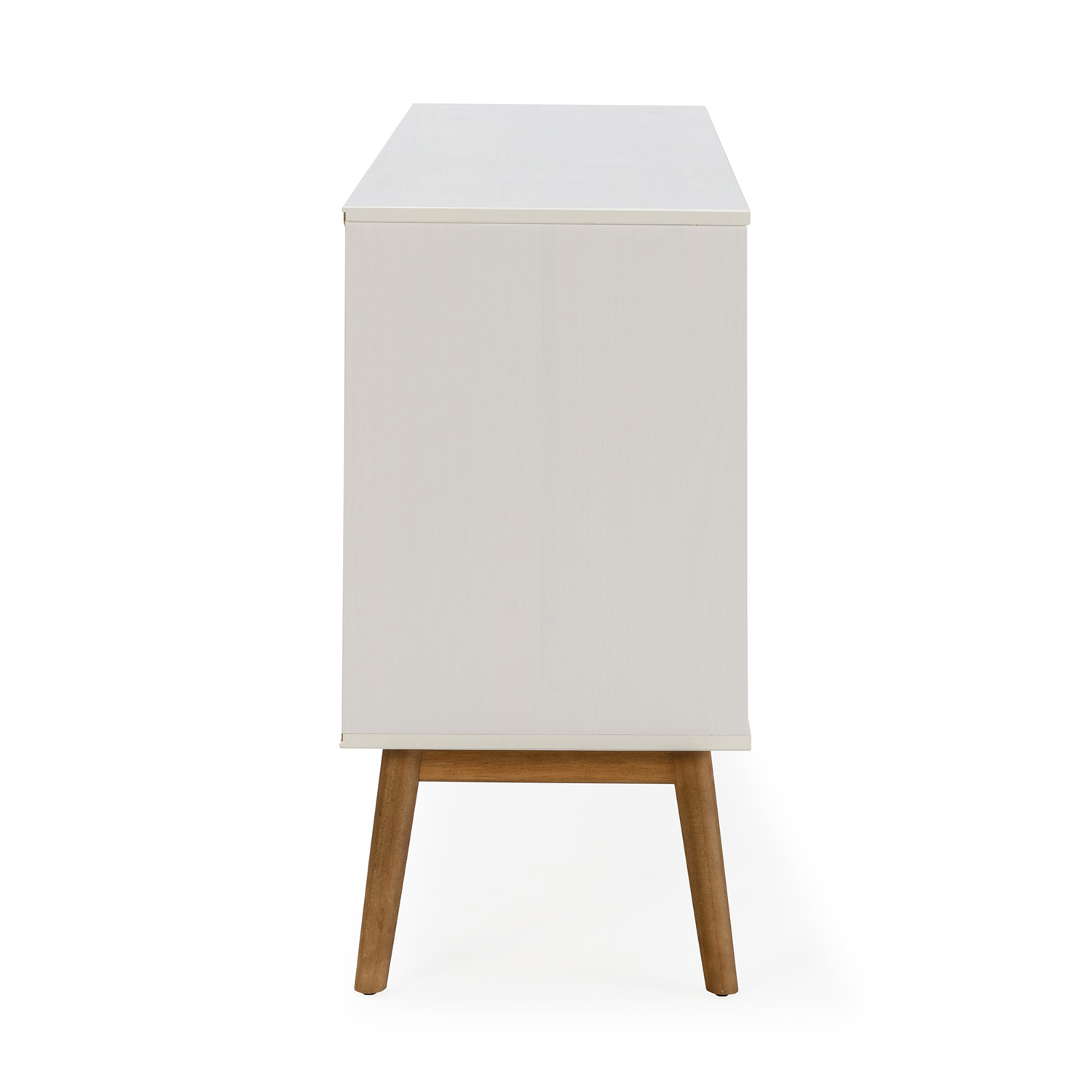 Un armario blanco sobre cuatro patas de madera, visto de lado.
