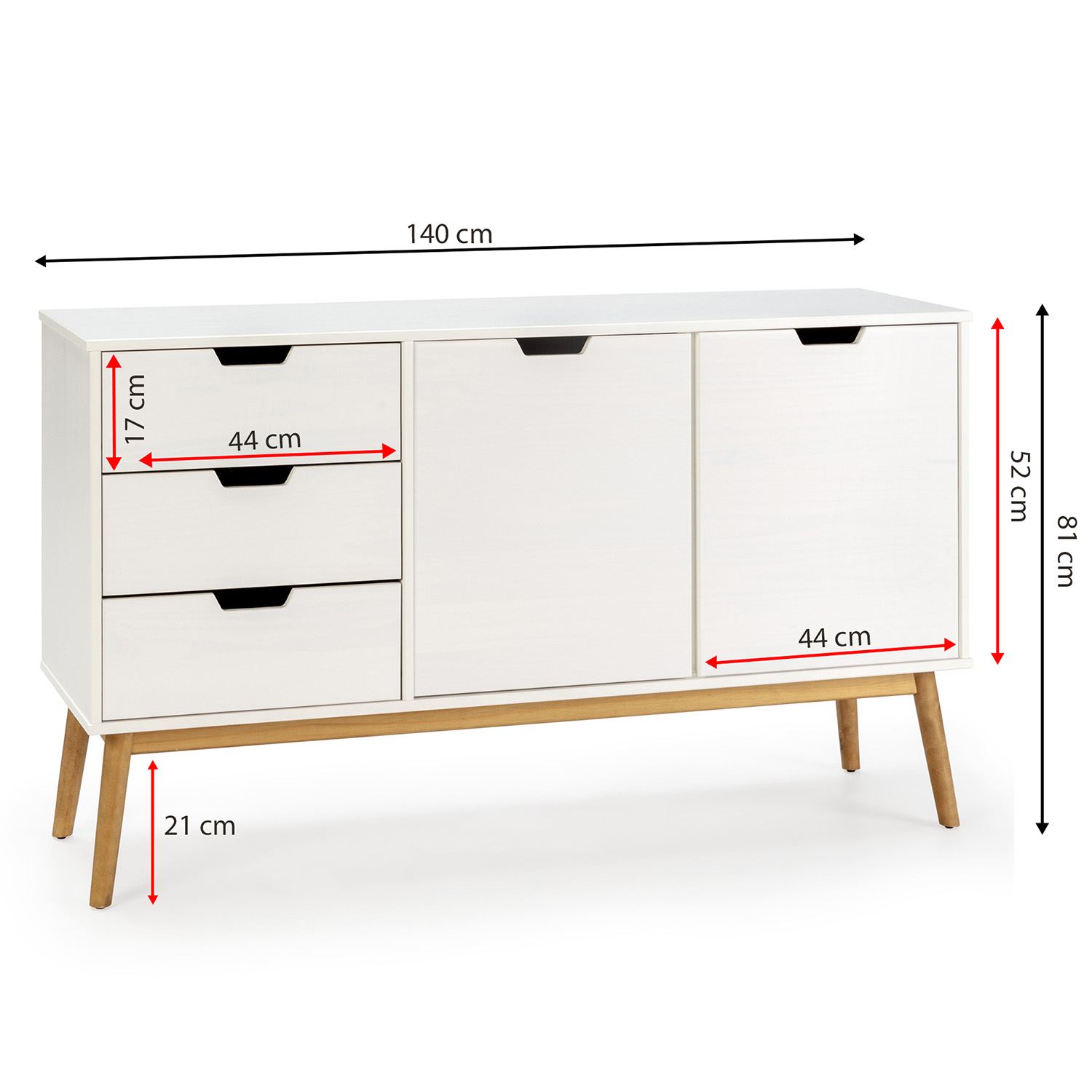 Aparador blanco con tres cajones, dos puertas y patas de madera. Se muestran las medidas.