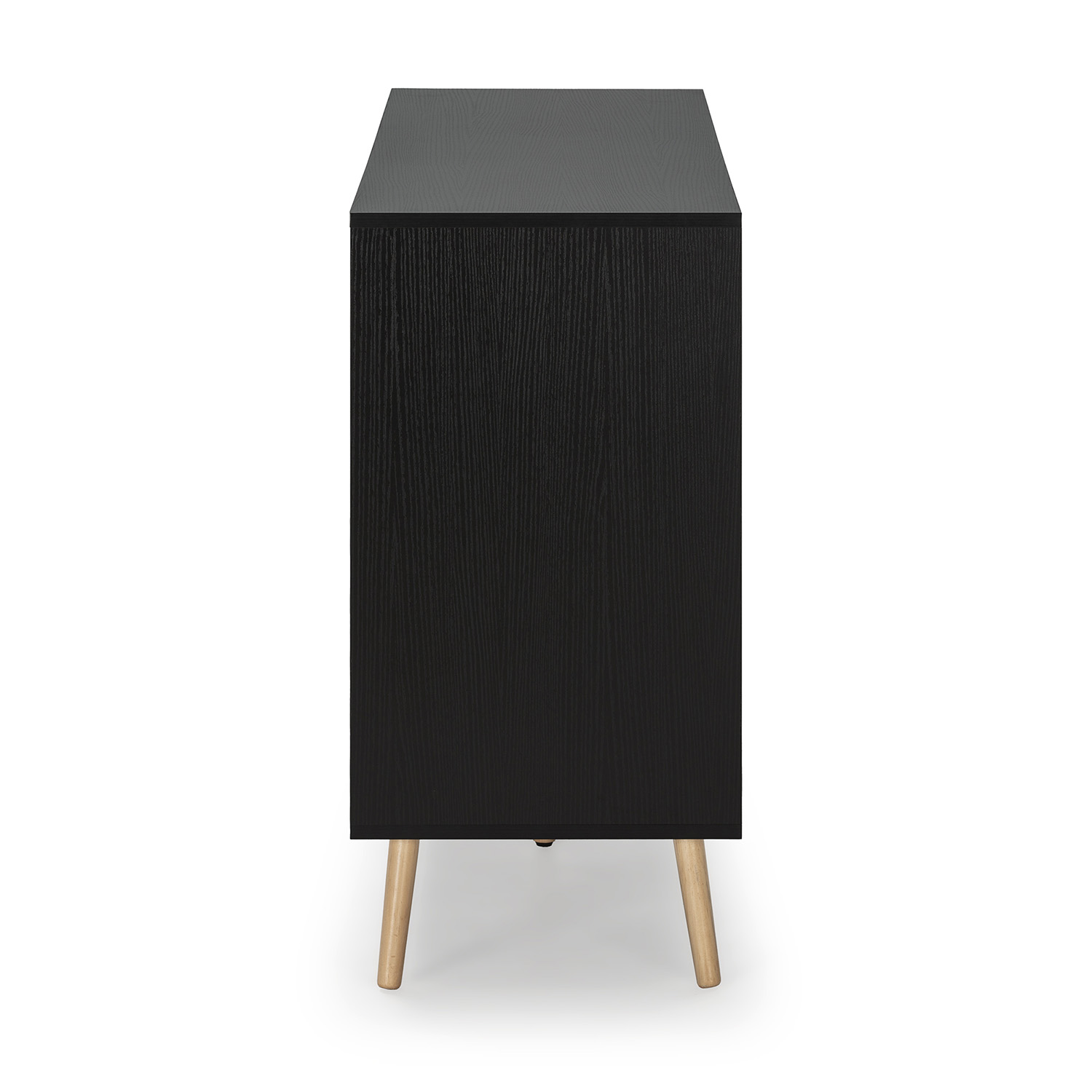 Gabinete negro con patas de madera, visto de lado.