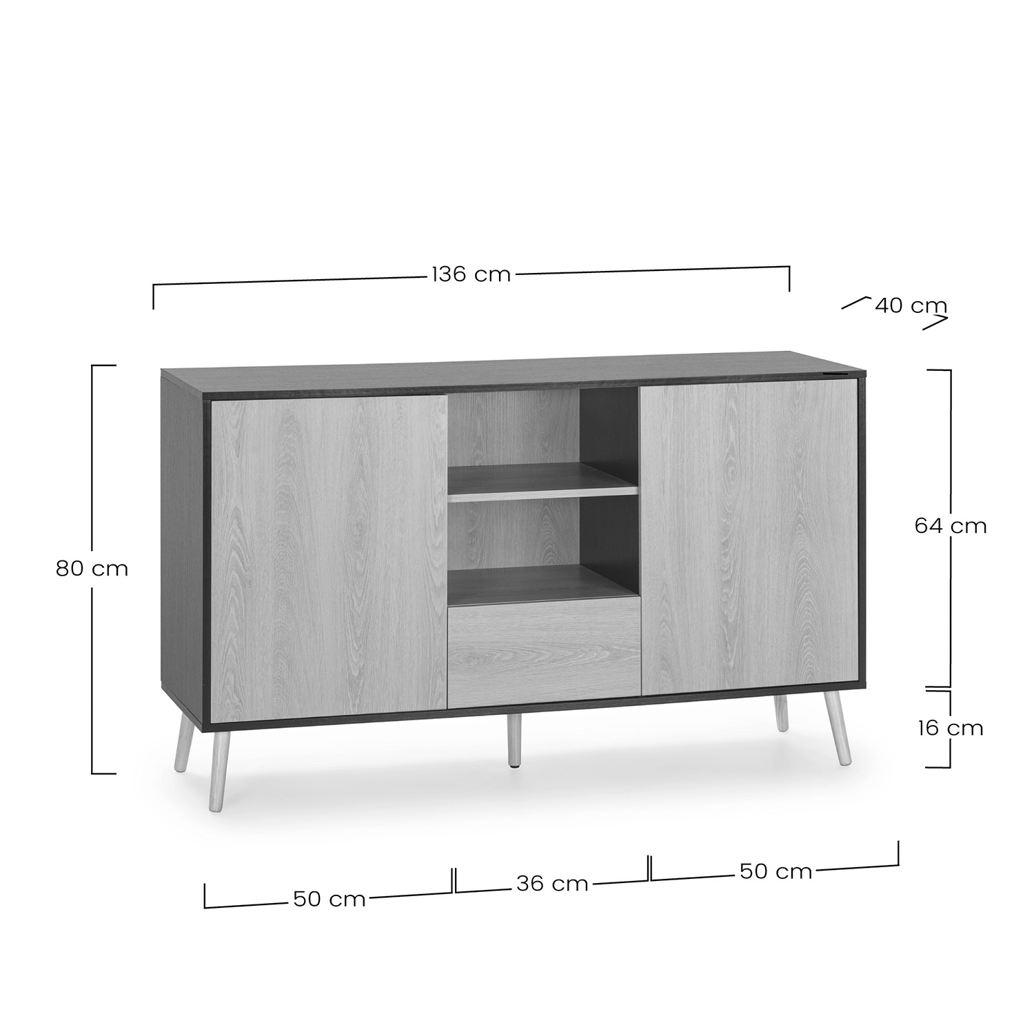 Un mueble gris y de madera de 136x40x80cm.
