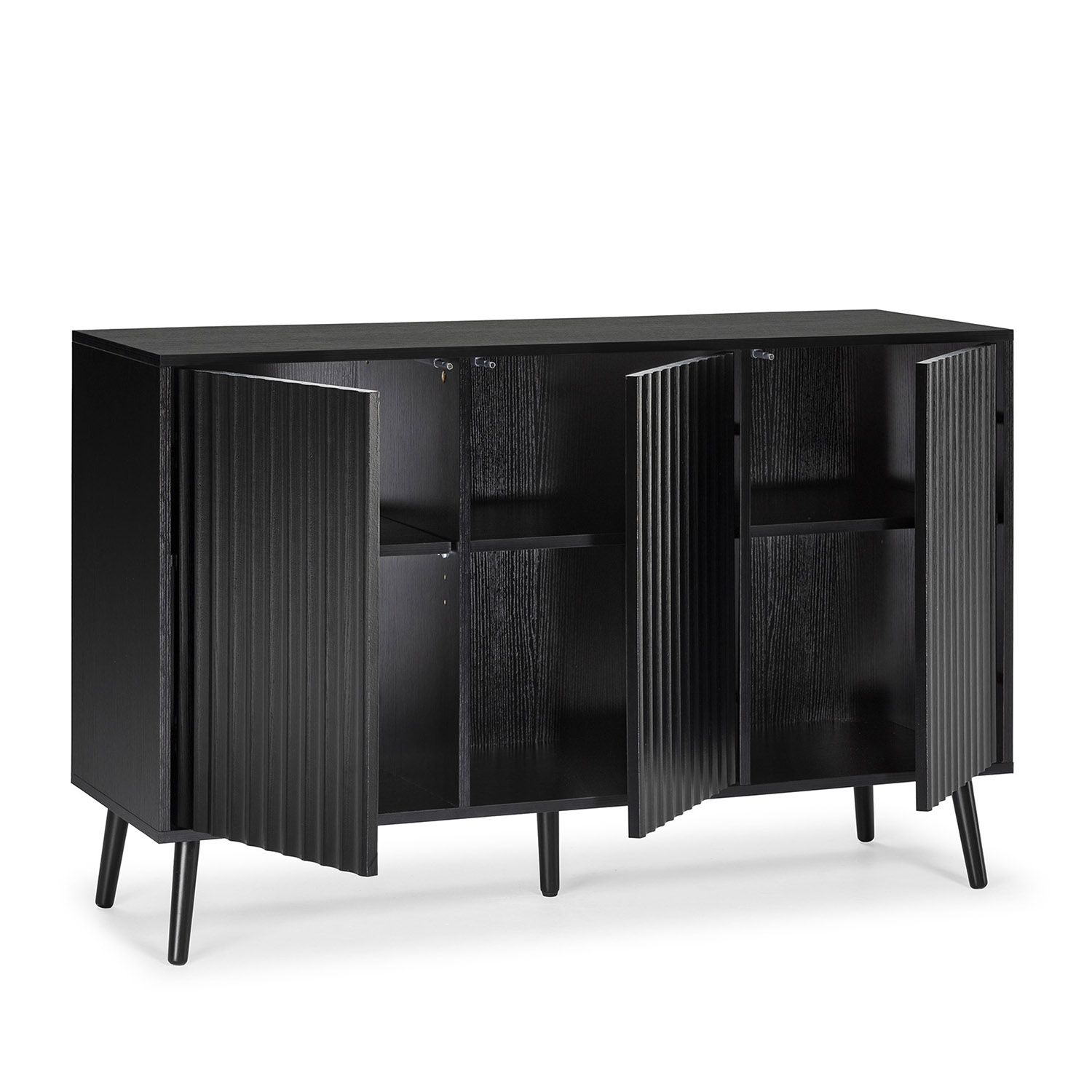 Mueble negro con cuatro puertas abiertas, frentes acanalados y cuatro patas.