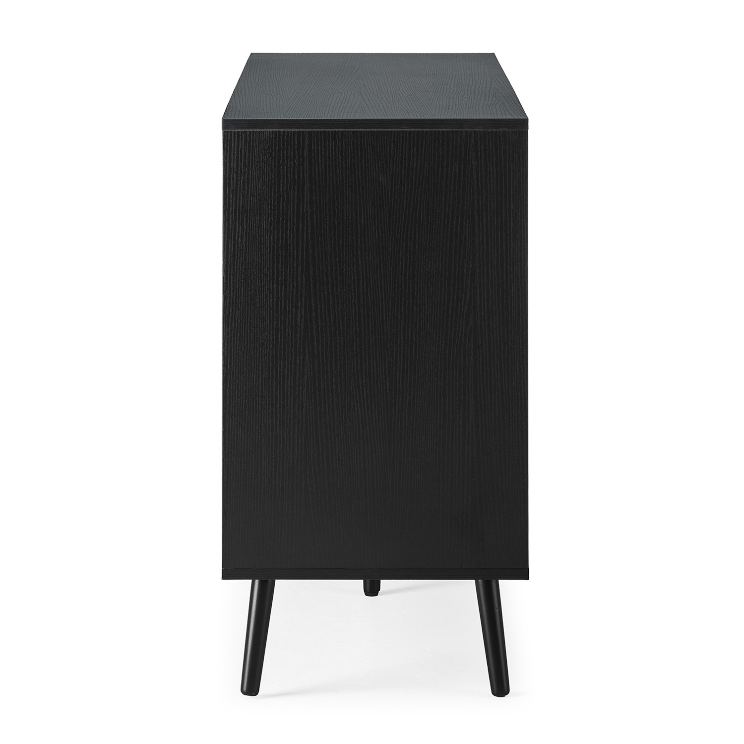 Un mueble de madera negro con cuatro patas cónicas, visto de lado.