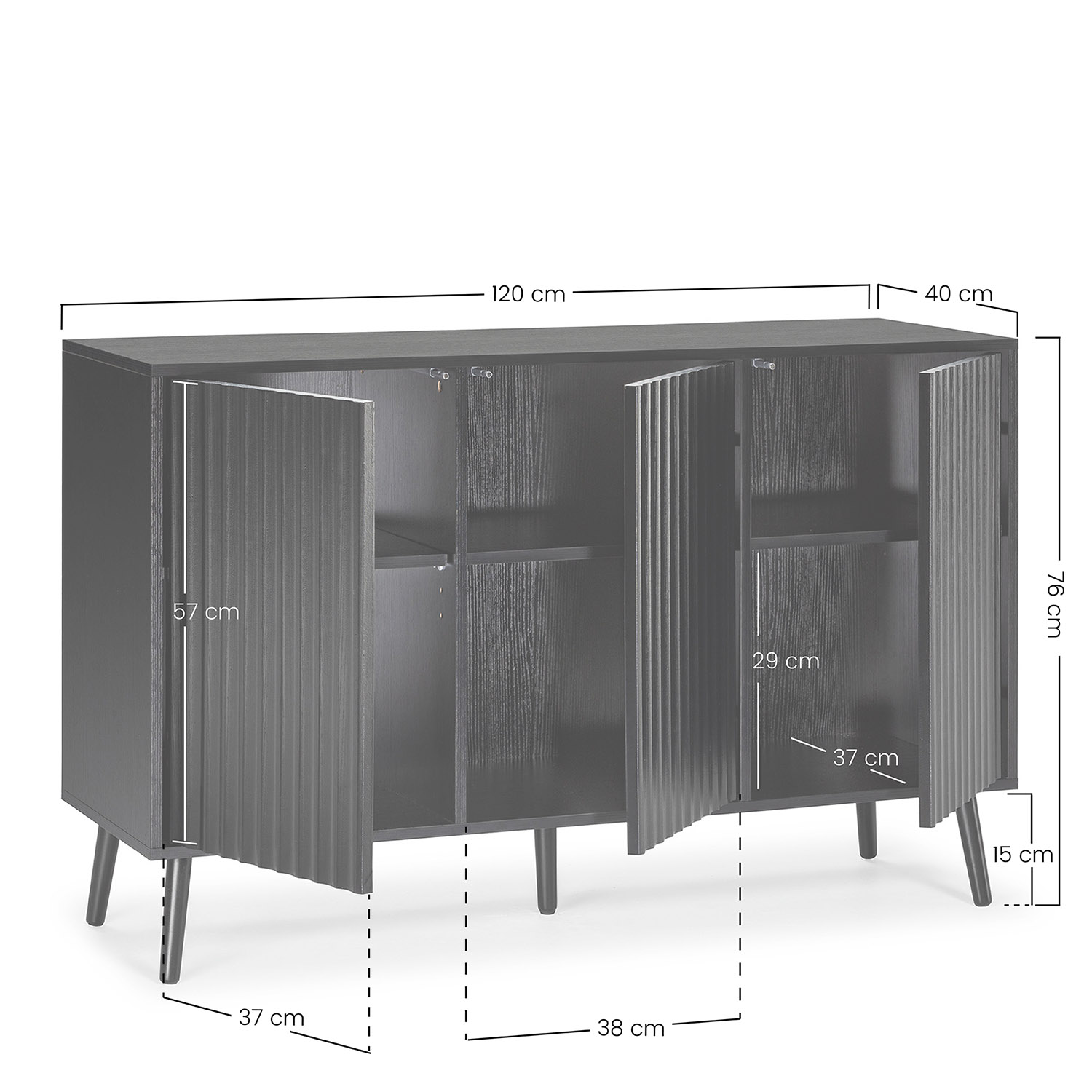Aparador de madera oscura con puertas acanaladas, 120cm An x 76cm Al x 40cm Pr.