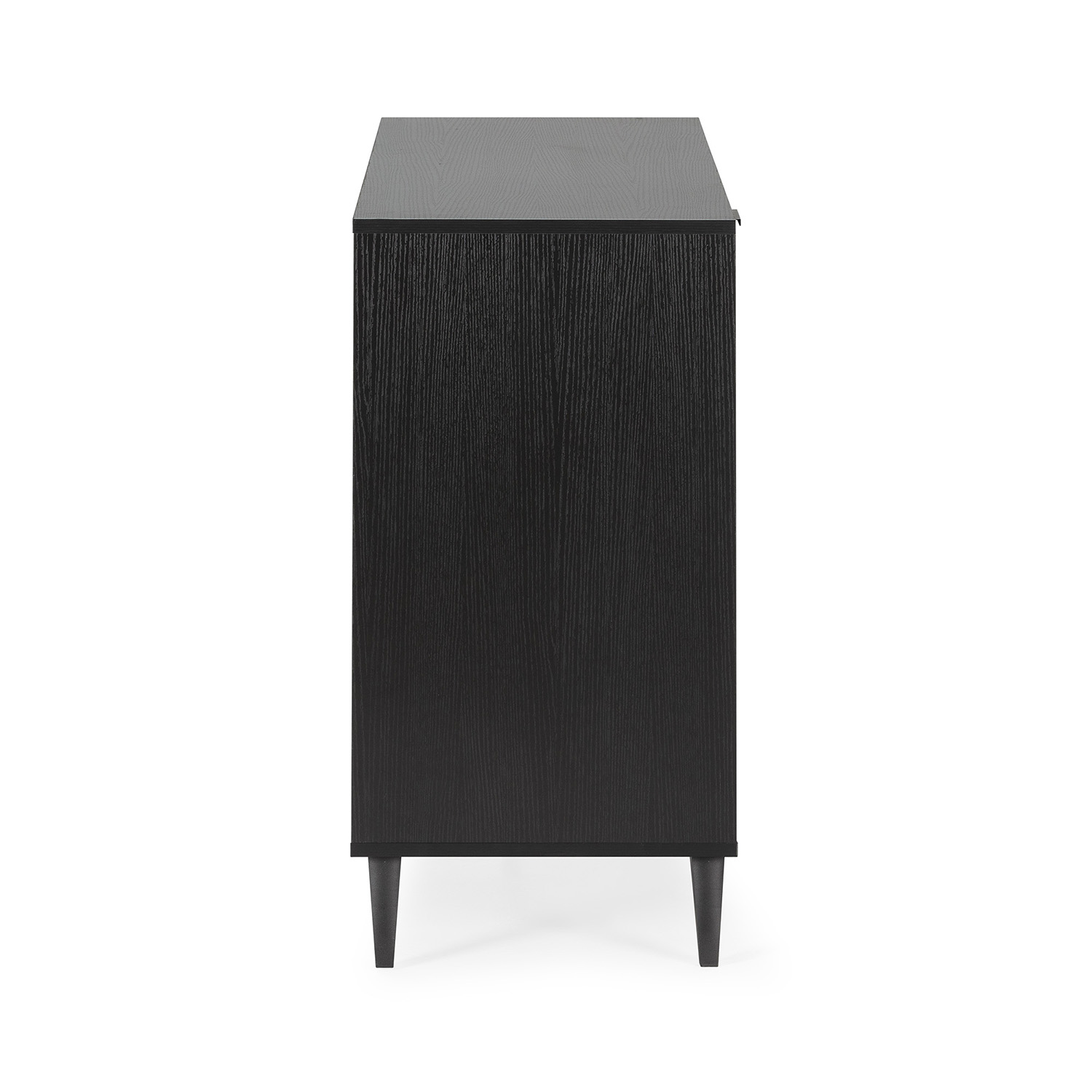 Gabinete de madera negro con cuatro patas anguladas, visto de lado.