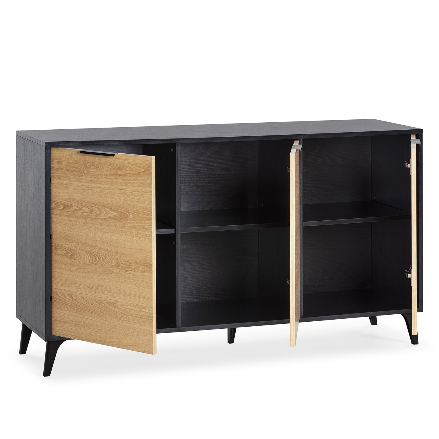 Un mueble negro con una puerta de madera abierta y dos puertas abiertas.