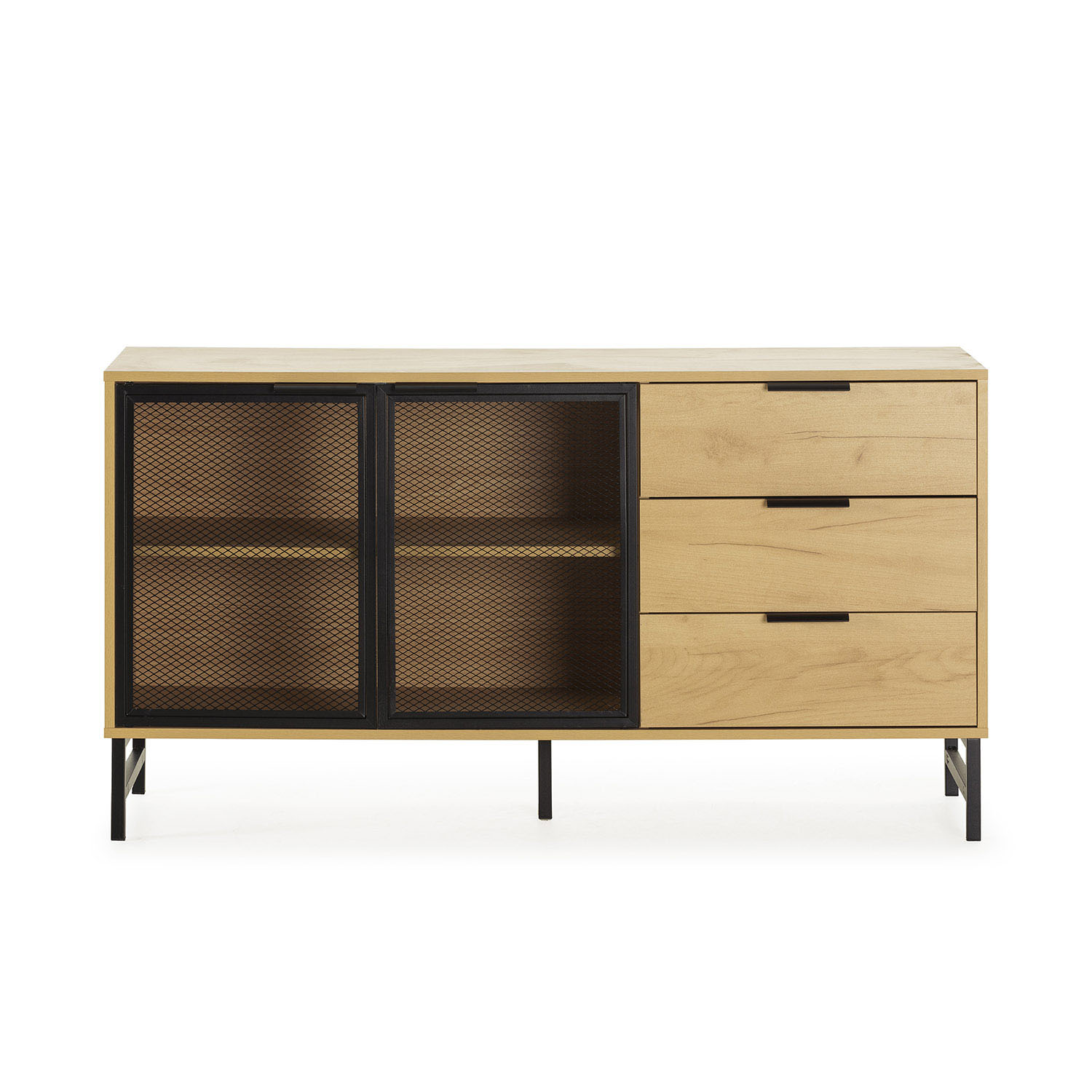 Mueble de madera con detalles en metal negro y tres cajones.