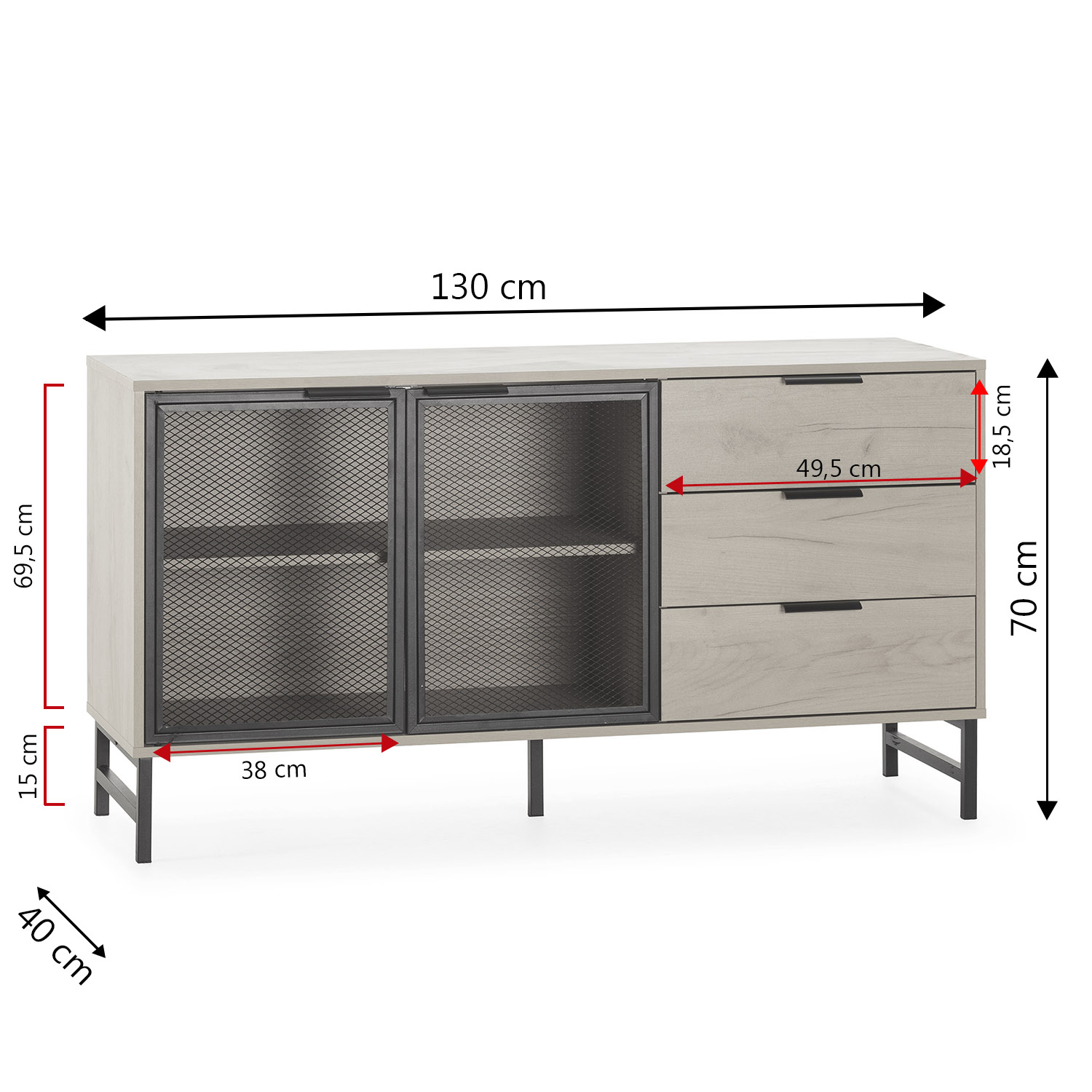 Aparador de madera con puertas de malla metálica y cajones. Medidas: 130x70x40cm.