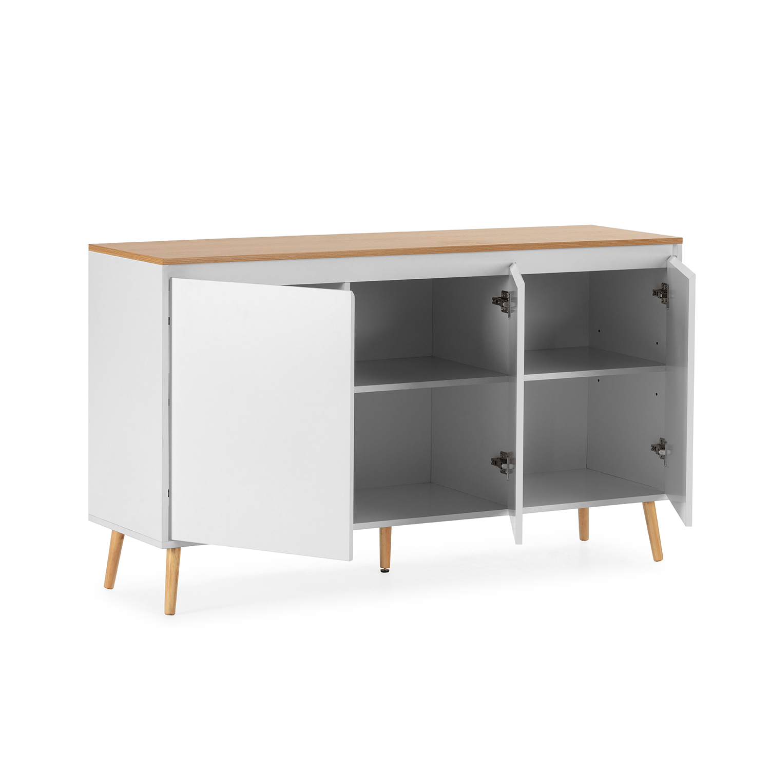 Mueble blanco con tapa de madera, puertas abiertas y cuatro patas.