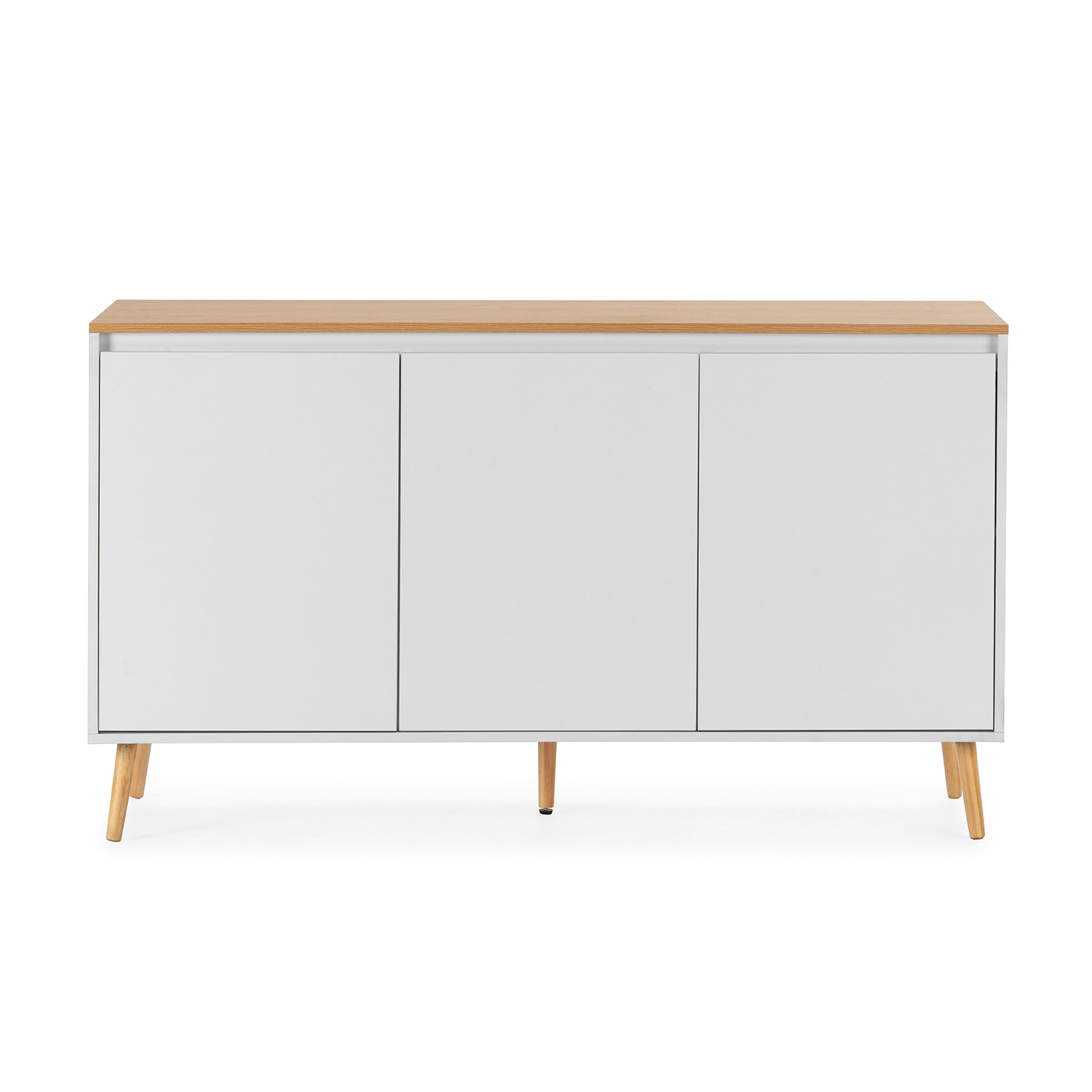 Un mueble blanco con tapa de madera, tres puertas y patas delgadas de madera.