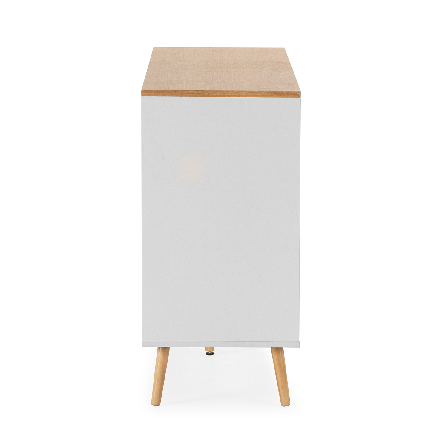 Un mueble blanco con tapa y patas de madera. Diseño simple.