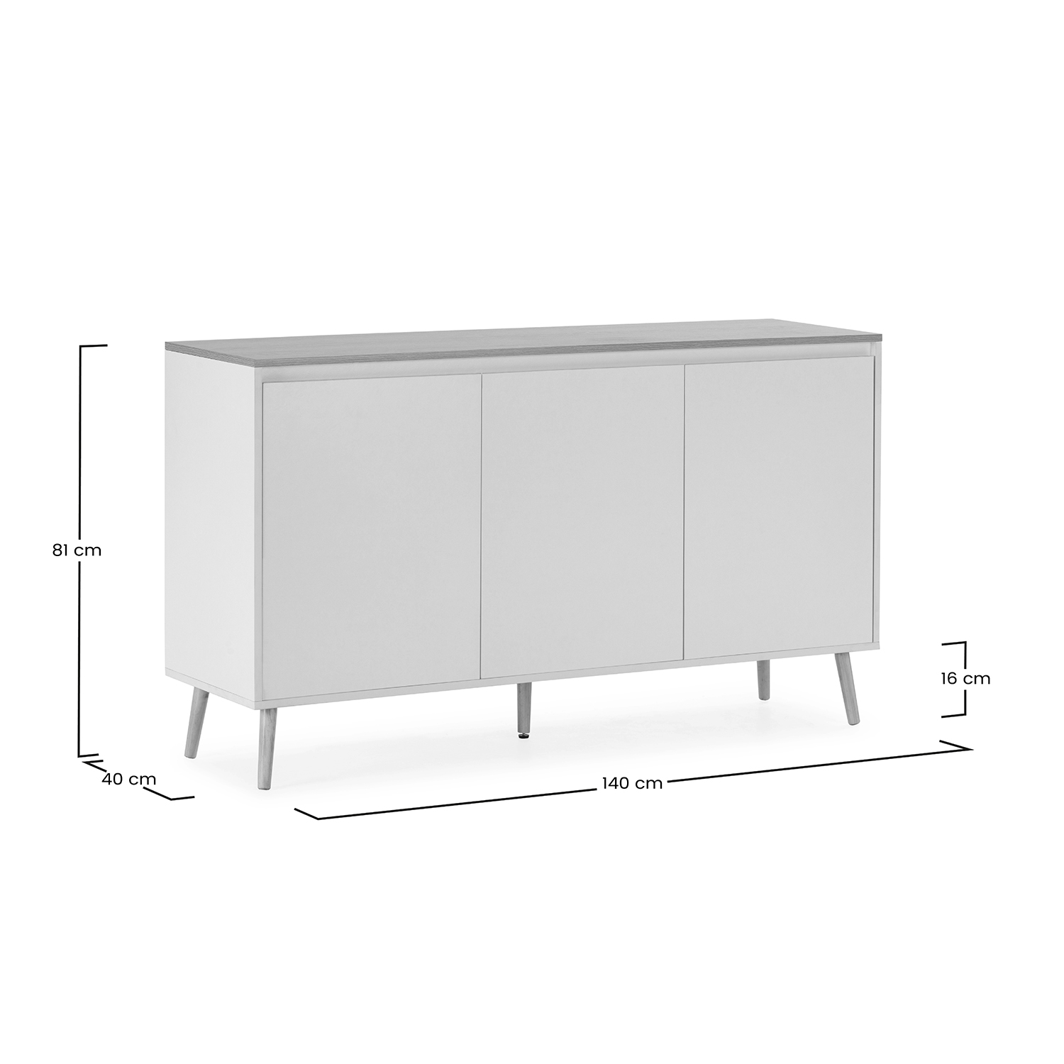 Gabinete blanco con tapa gris, tres puertas y patas cónicas. Dimensiones mostradas.