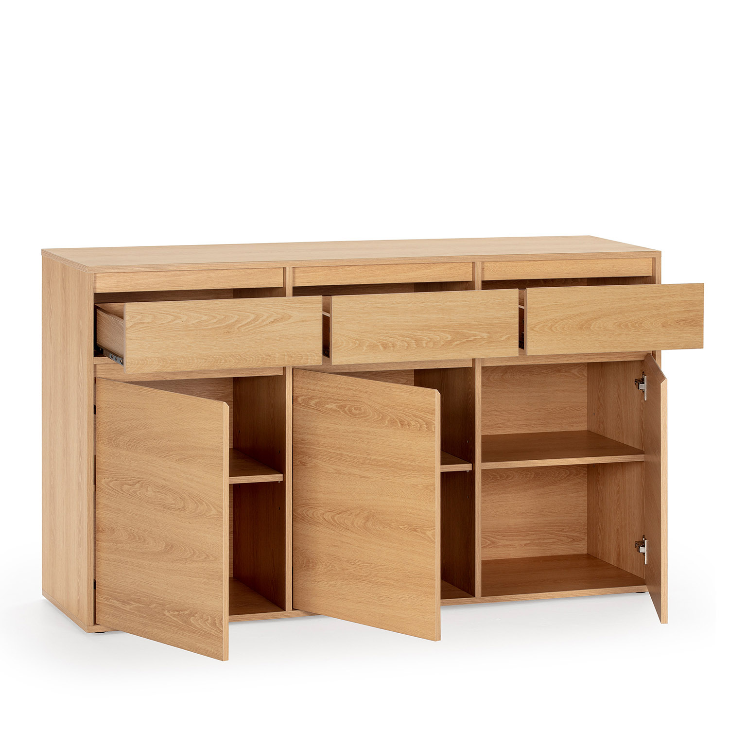 Un armario de madera abierto con tres cajones arriba y tres puertas abajo.