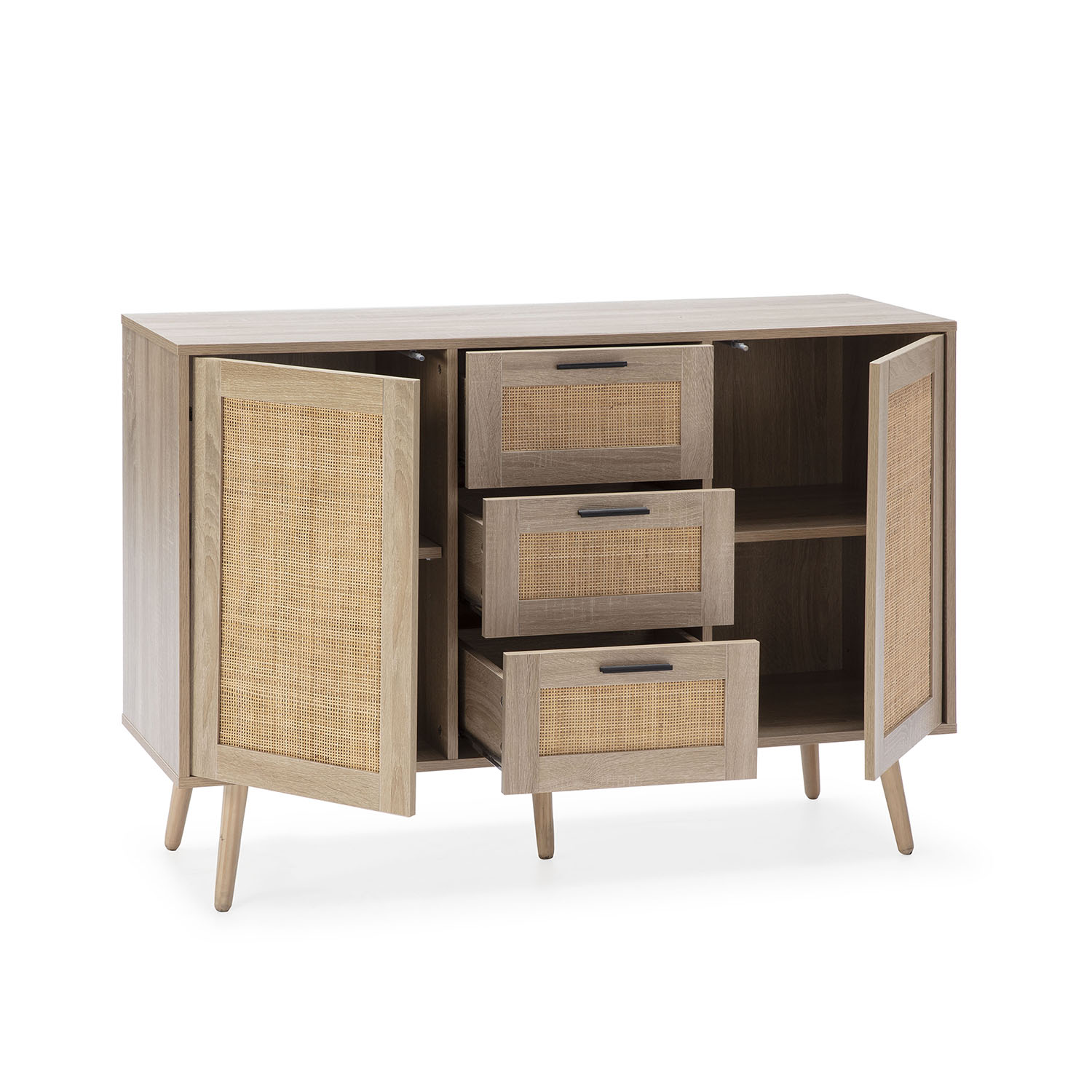Gabinete de madera con tres cajones y puertas de caña sobre patas anguladas.
