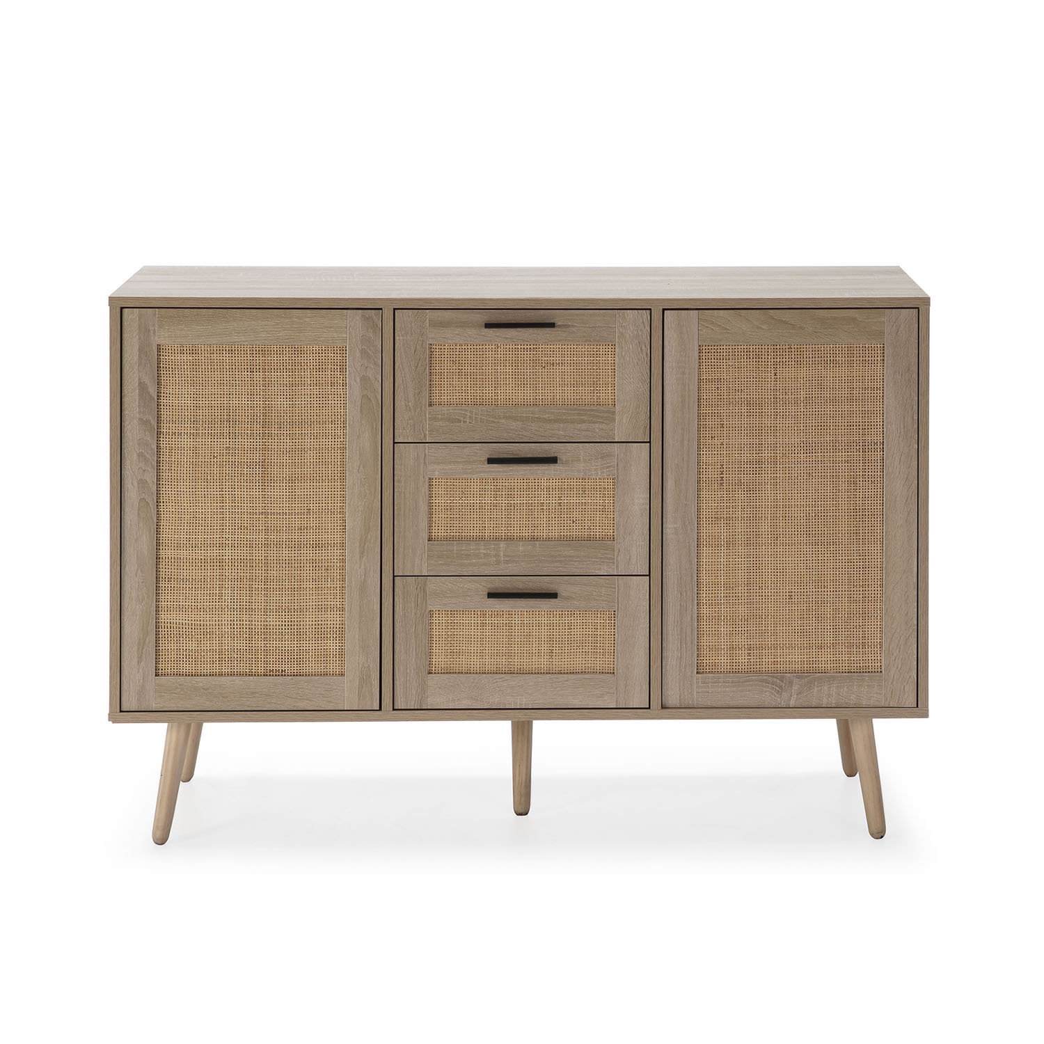 Un mueble de madera con puertas y cajones de ratán sobre patas cónicas.