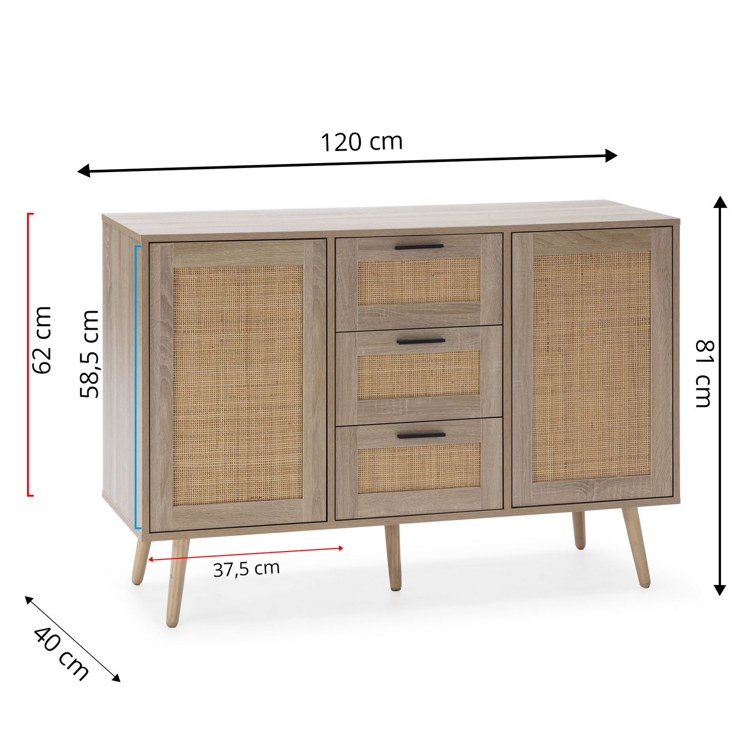Un aparador de madera con dos puertas y tres cajones, se indican las dimensiones.