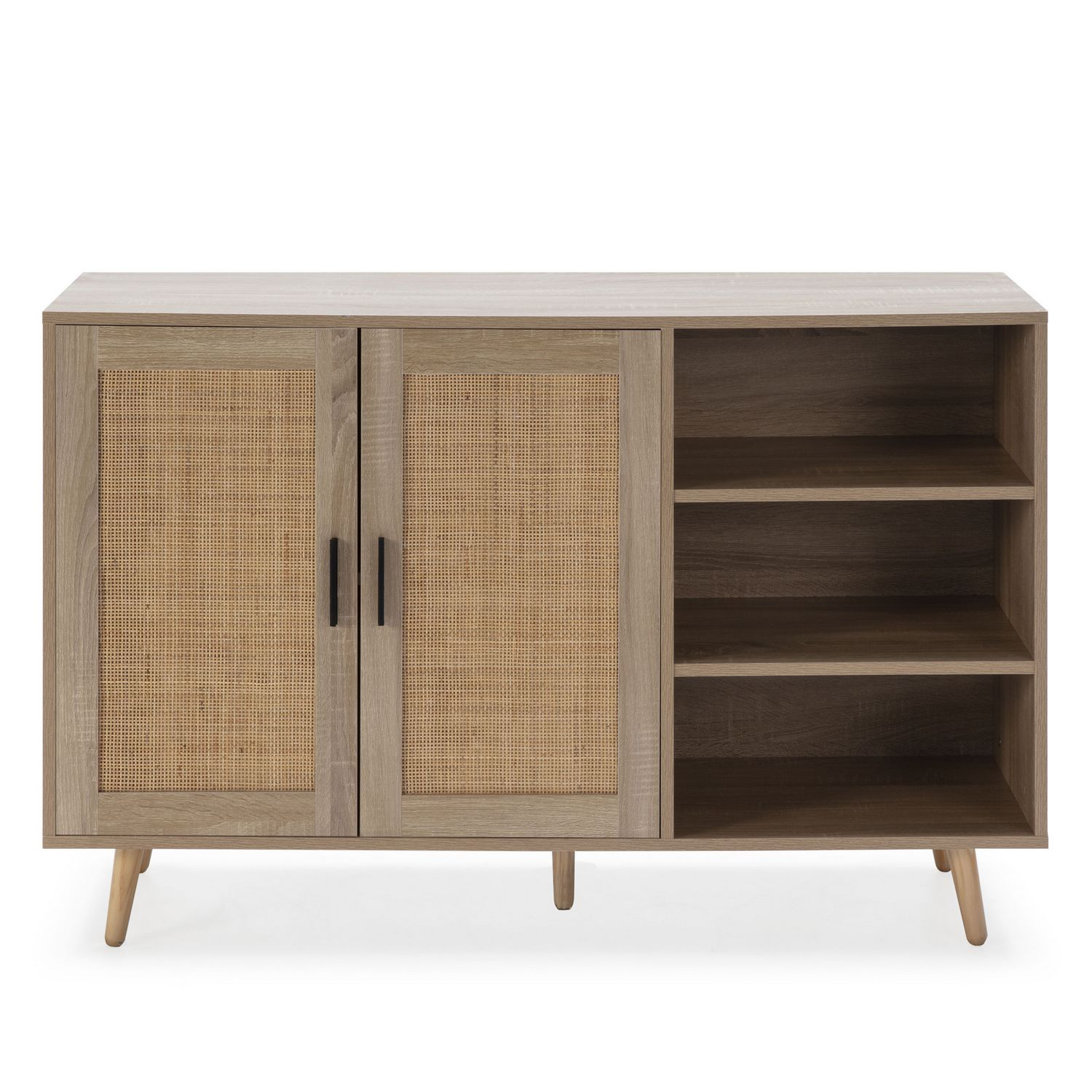 Un mueble de madera con dos puertas de ratán y tres estantes abiertos.