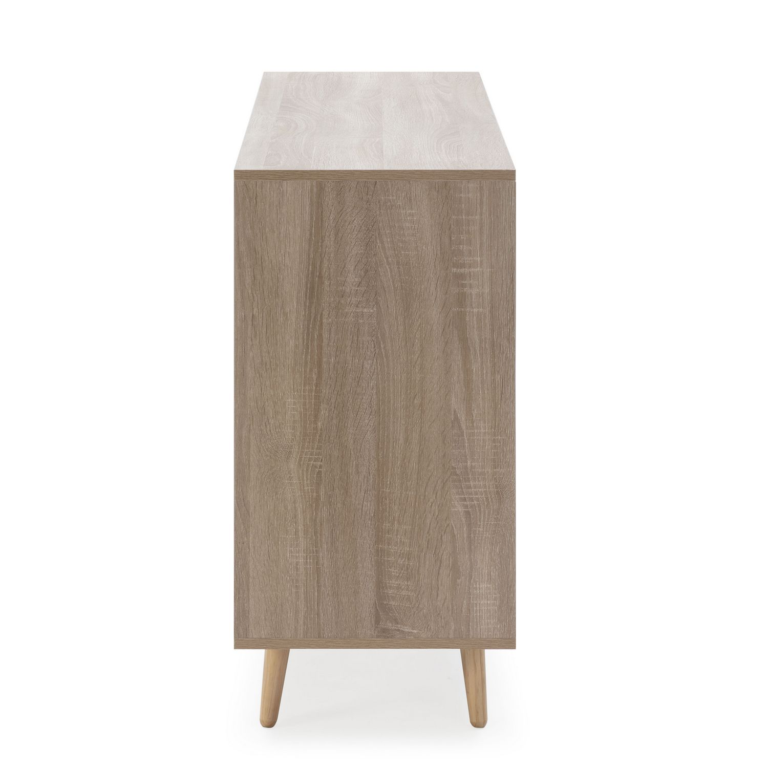 Un mueble de madera con patas, visto de lado, sobre fondo blanco.