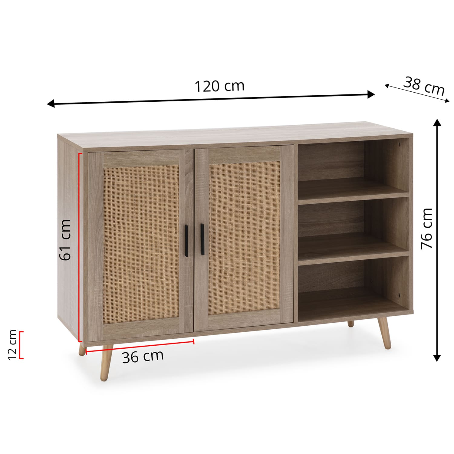 Aparador de madera con dos puertas y estantes abiertos, con medidas.