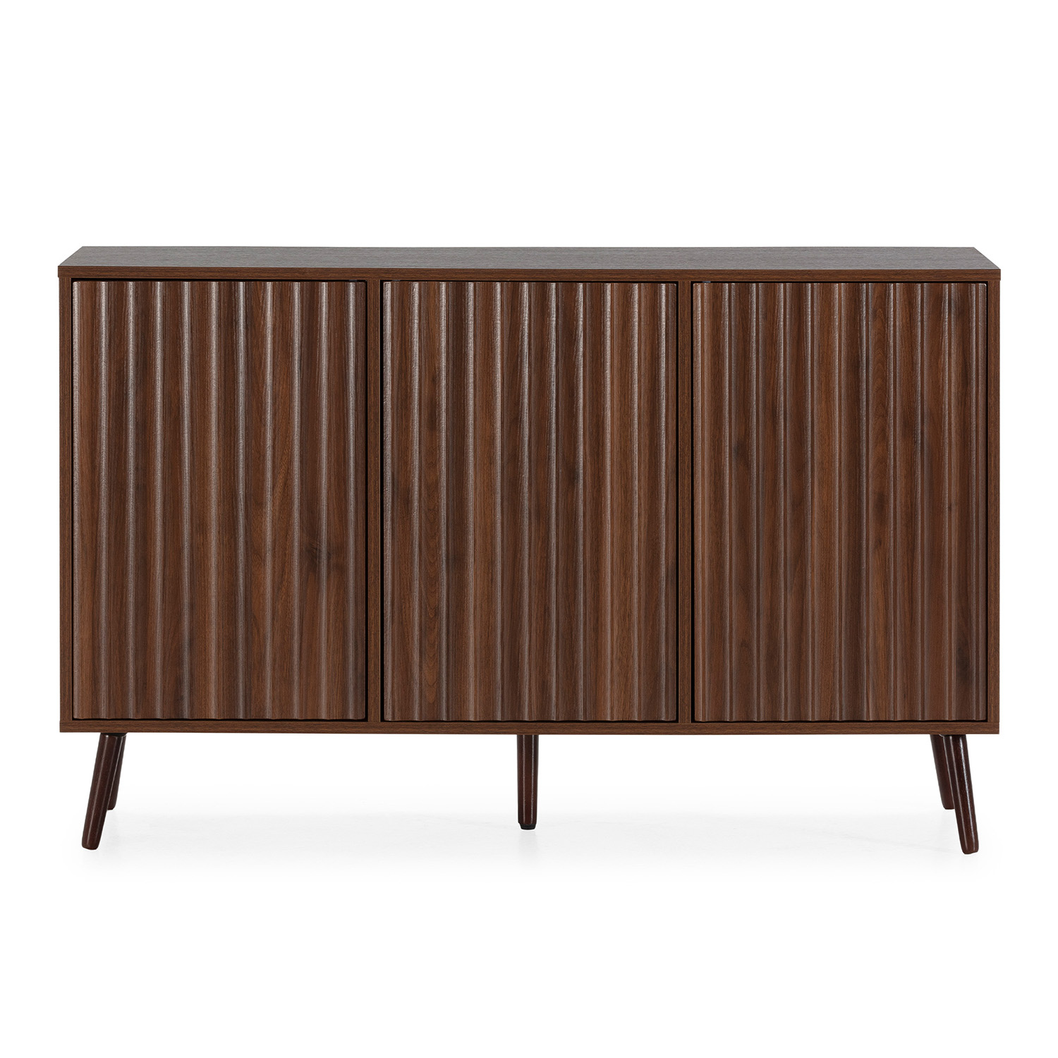 Gabinete de madera marrón oscuro con tres puertas acanaladas y patas anguladas.