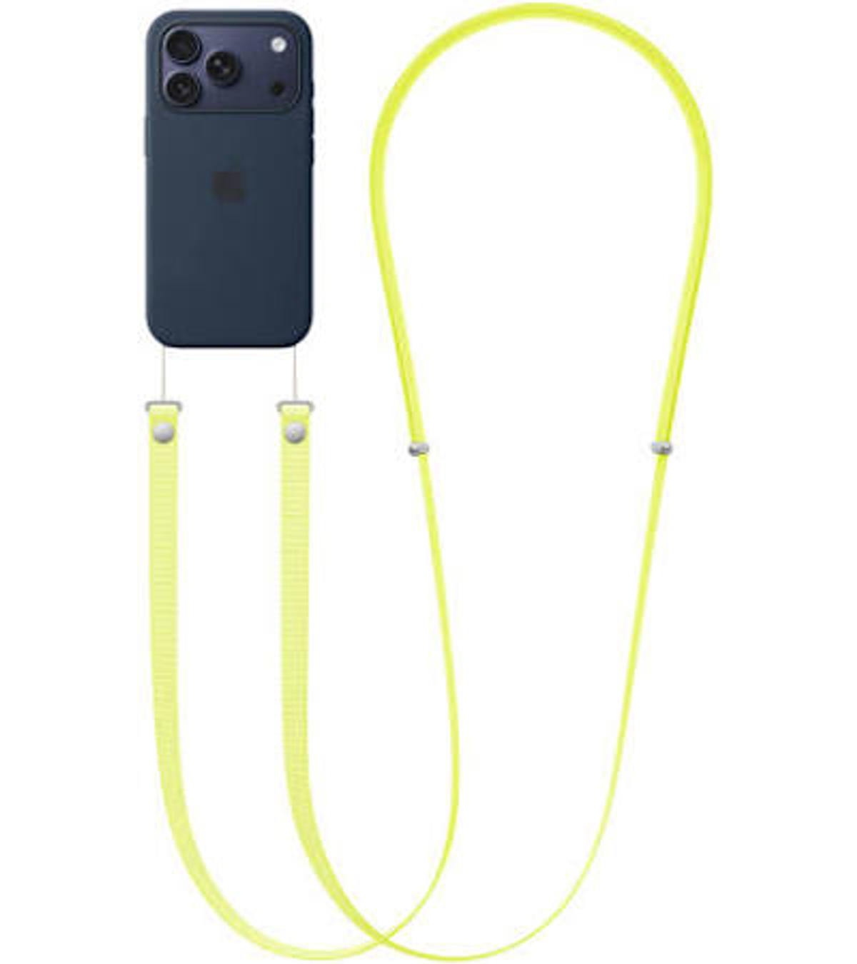 Un iPhone azul oscuro con un cordón amarillo.