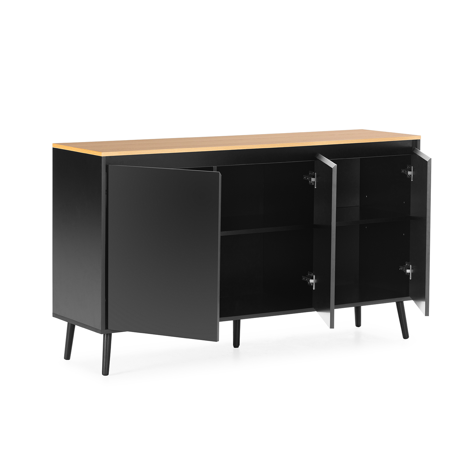 Gabinete negro con tapa de madera, puertas abiertas y cuatro patas.