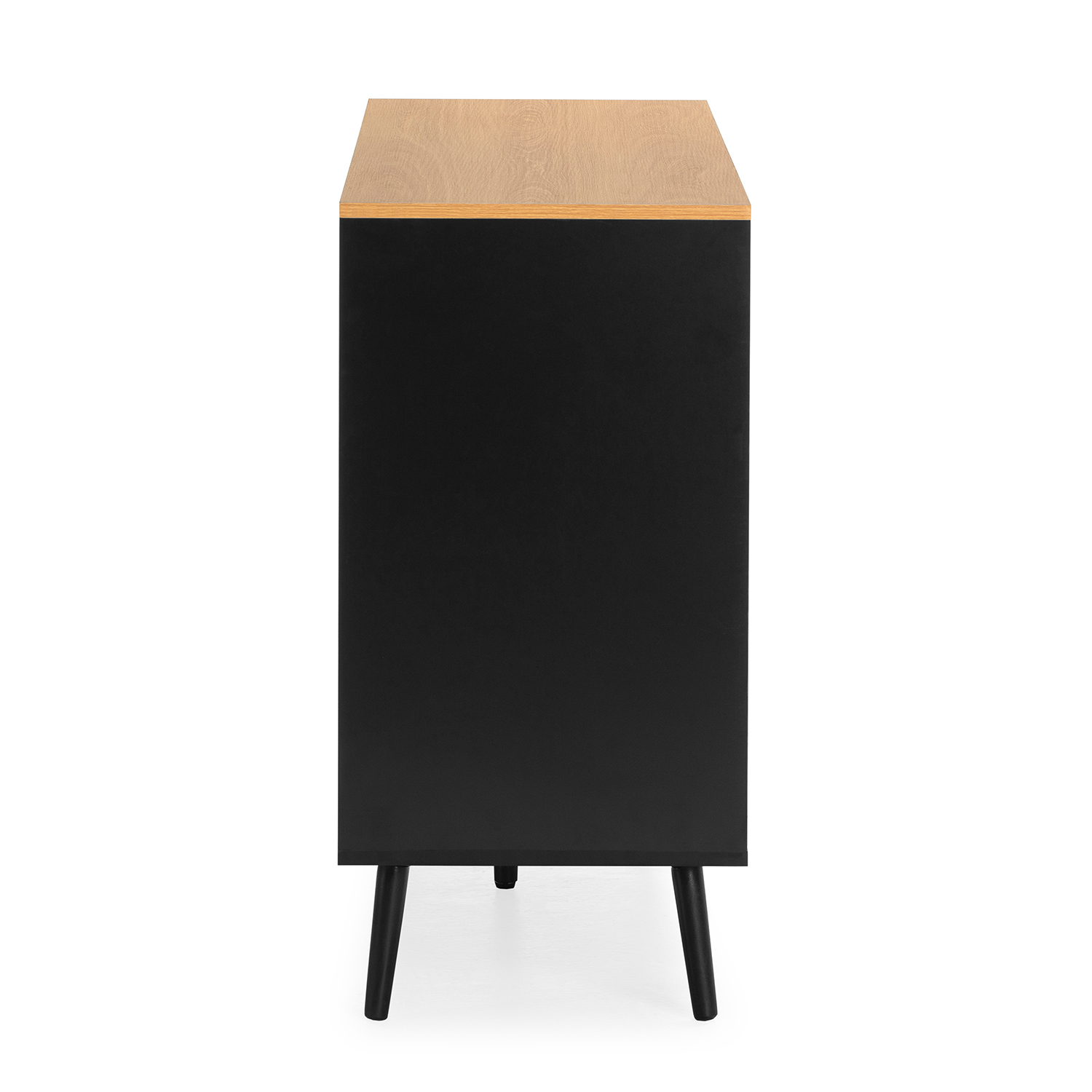 Gabinete negro con tapa de madera y patas delgadas, visto de lado.