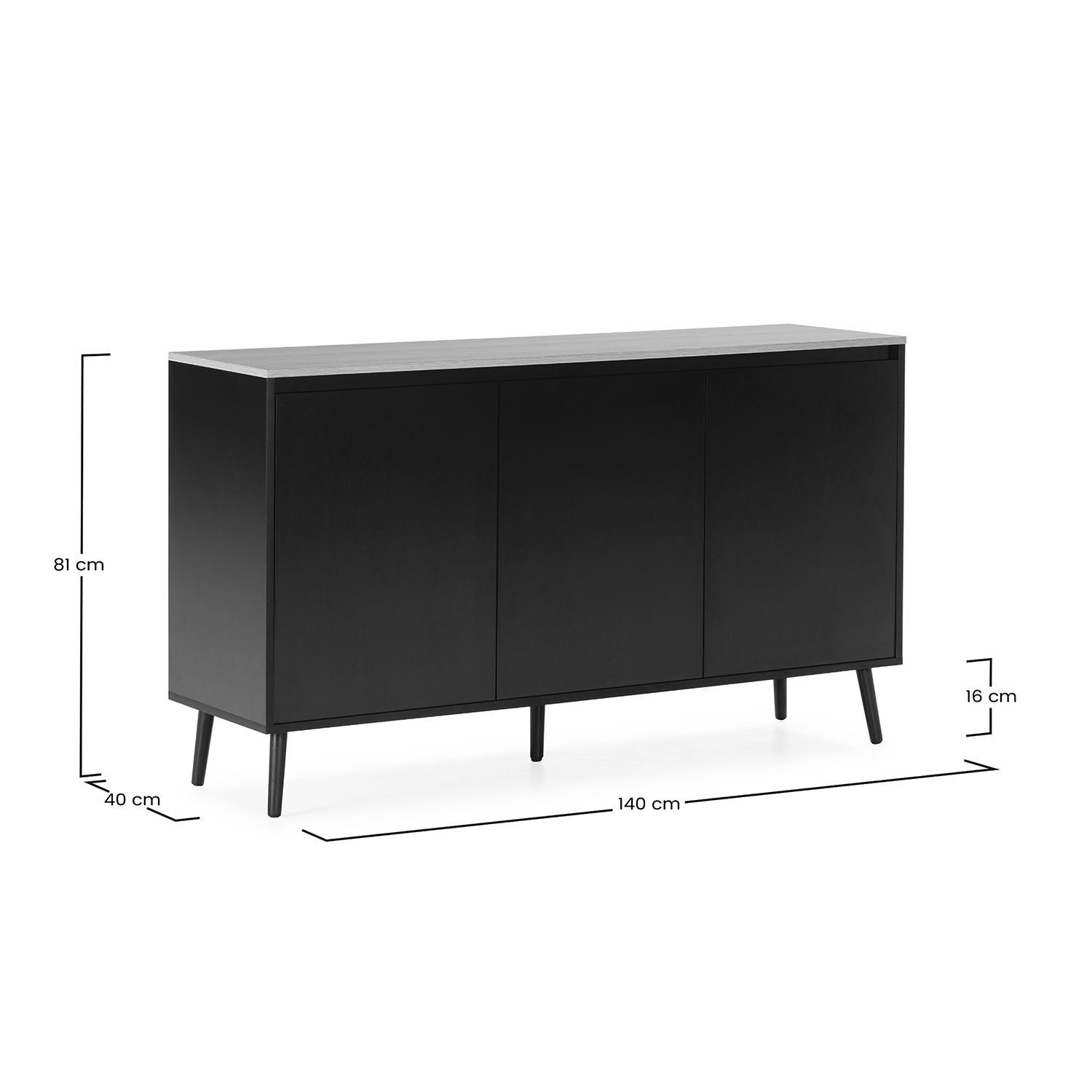 Mueble negro de tres puertas sobre patas, dimensiones 140x81x40cm.